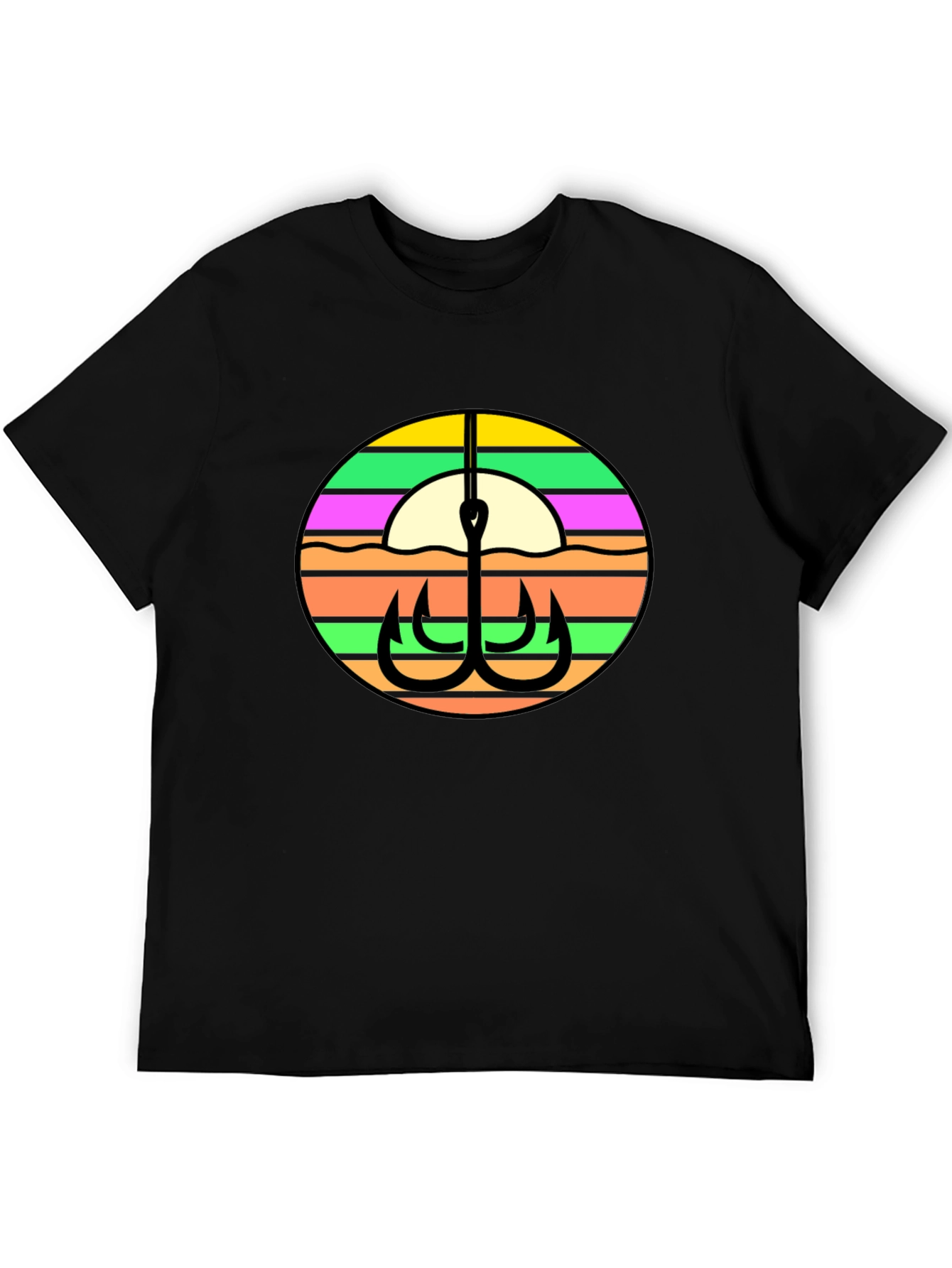 Fishing Hook Retro Sunset Graphic Tee - Black