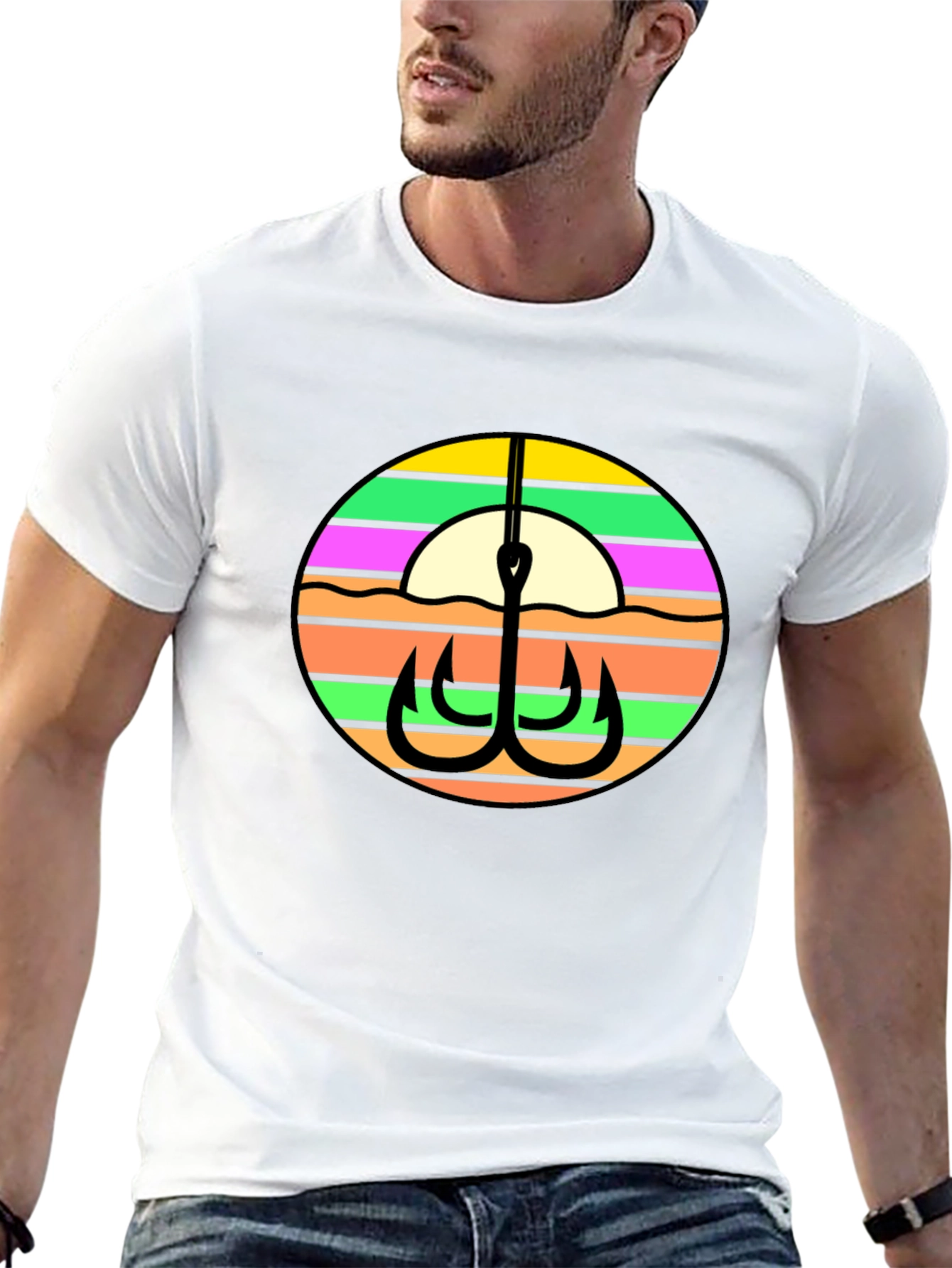 Fishing Hook Retro Sunset Graphic Tee - Black
