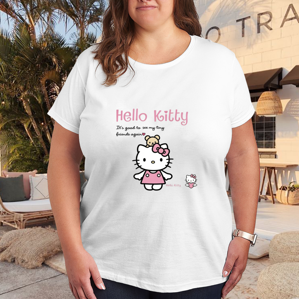 Adorable Hello Kitty With Tiny Bear Friend Plus?Size Casual Tee