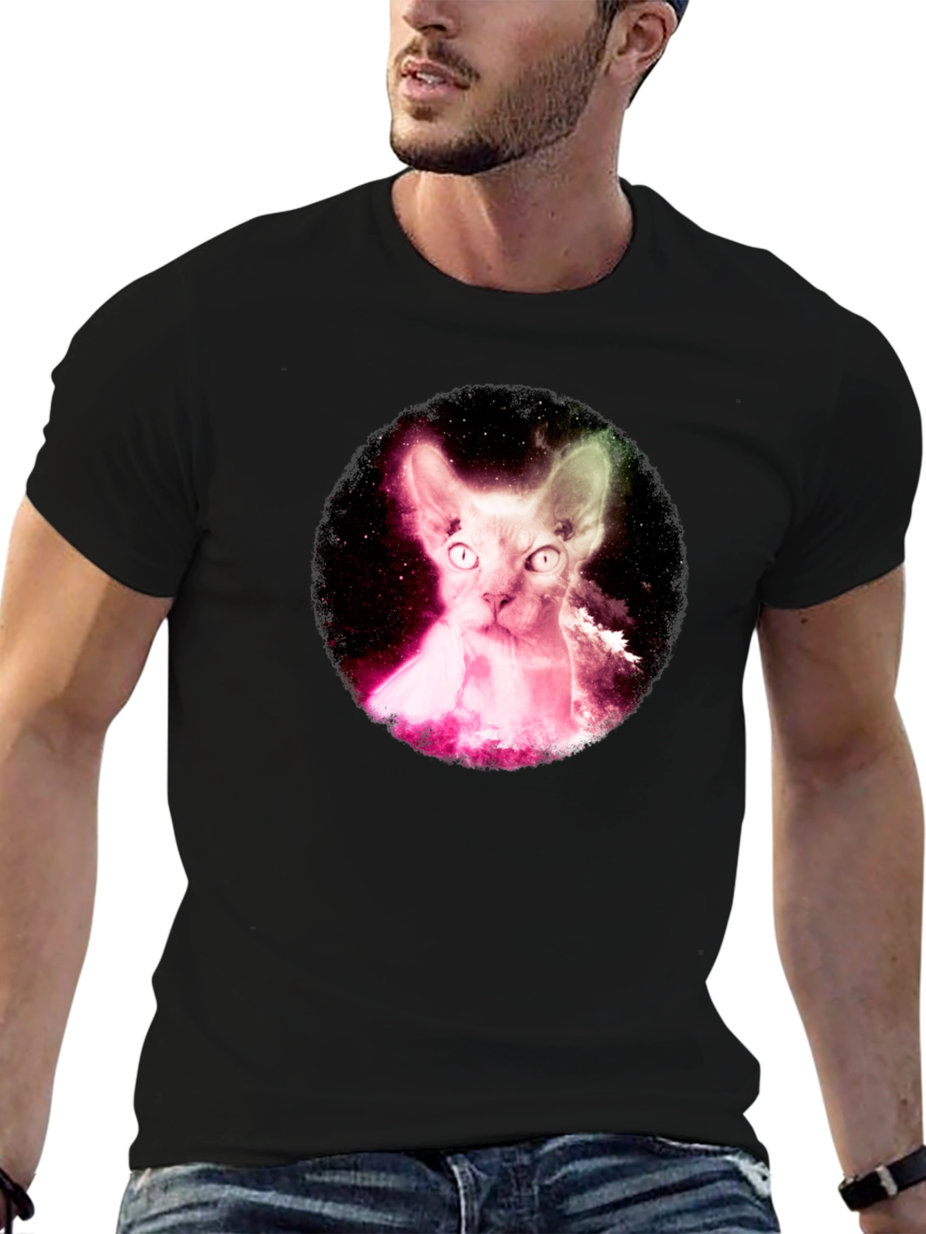 Cosmic Sphynx Cat Black T-Shirt