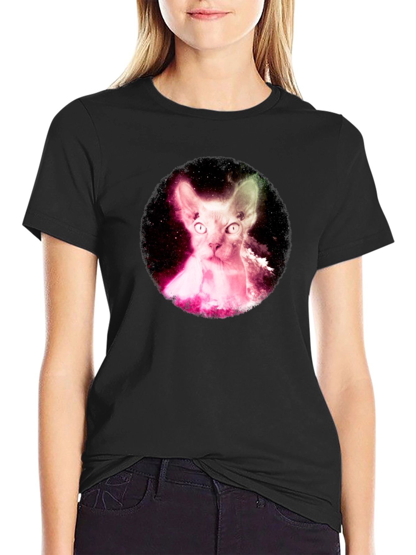 Cosmic Sphynx Cat Black T-Shirt
