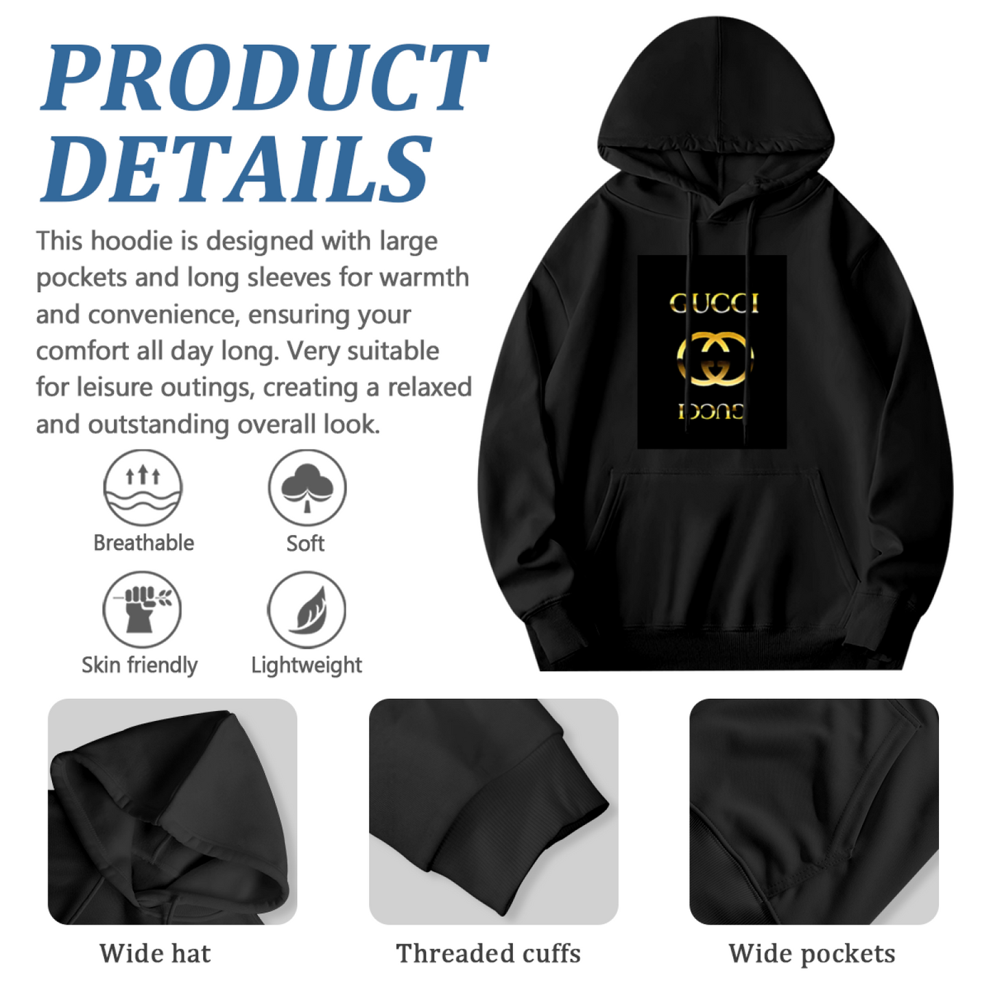Luxury Gold Double GG Logo Black Men¡¯s Hoodie