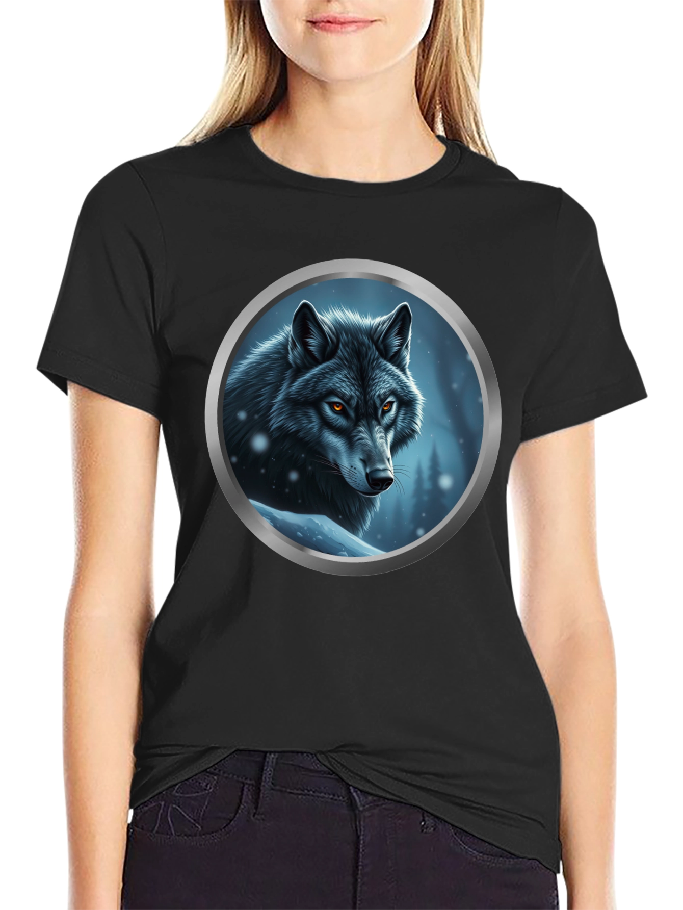 Wolf Portrait Graphic Tee - Black Cotton Blend