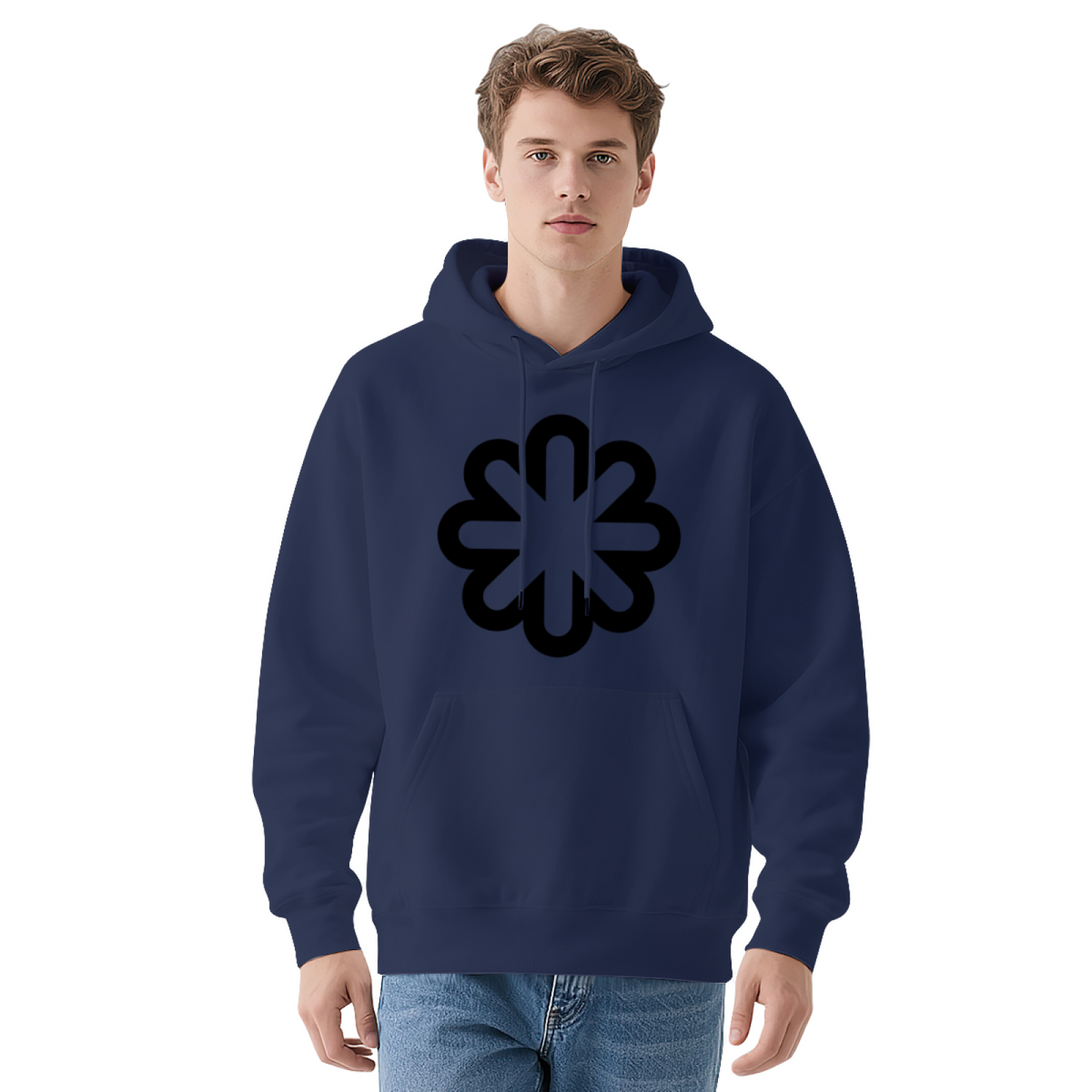 Minimal Geometric Flower Navy Hoodie, Unisex Minimalist Ultra Comfort Top