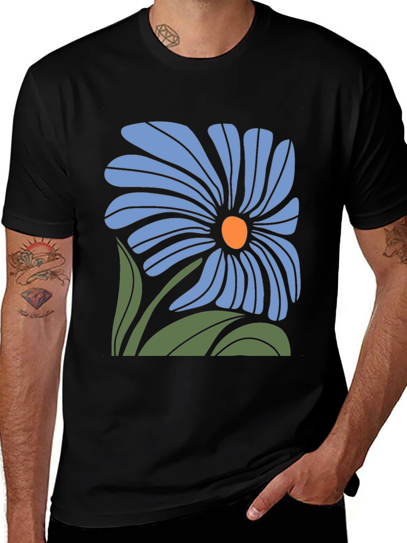 Blue Flower Graphic Black T-Shirt