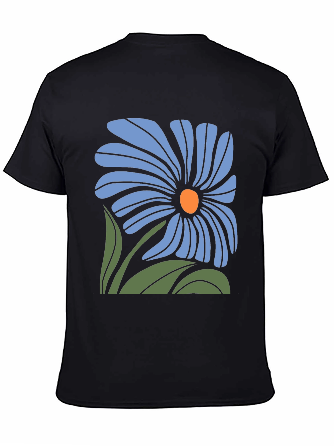 Blue Flower Graphic Black T-Shirt