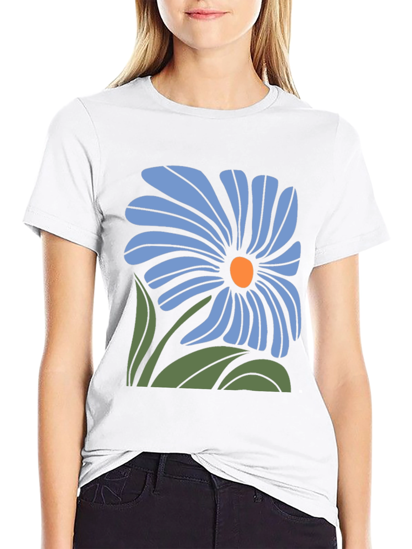Blue Flower Graphic Black T-Shirt