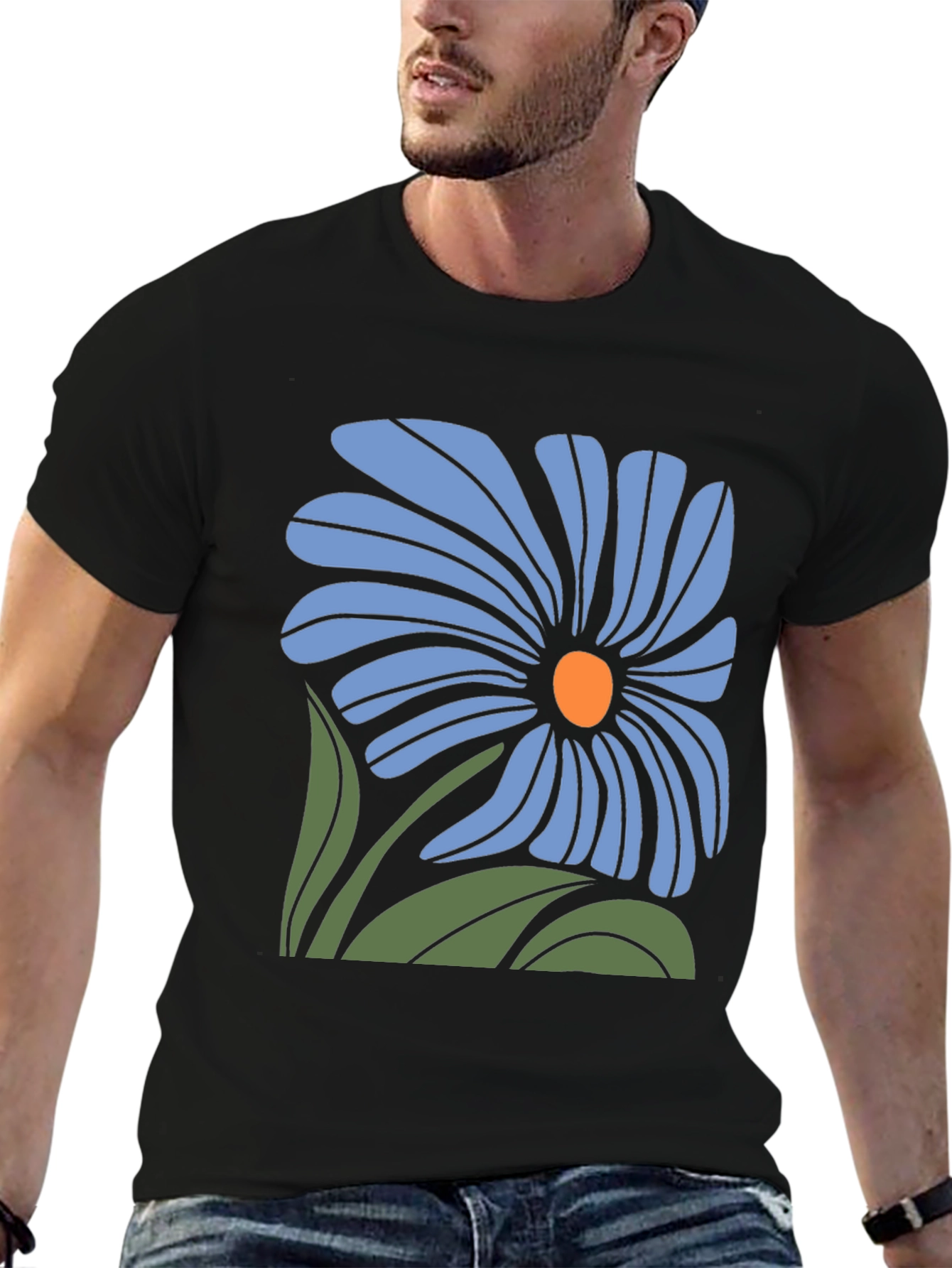 Blue Flower Graphic Black T-Shirt