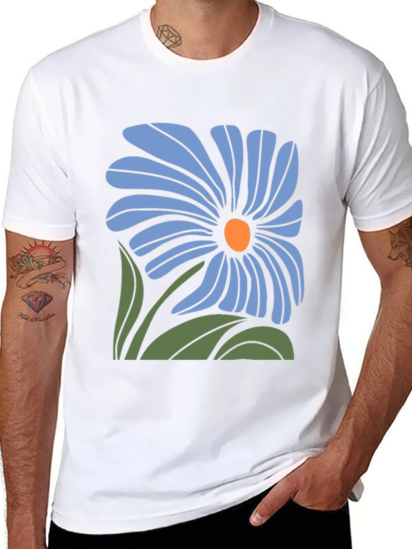 Blue Flower Graphic Black T-Shirt