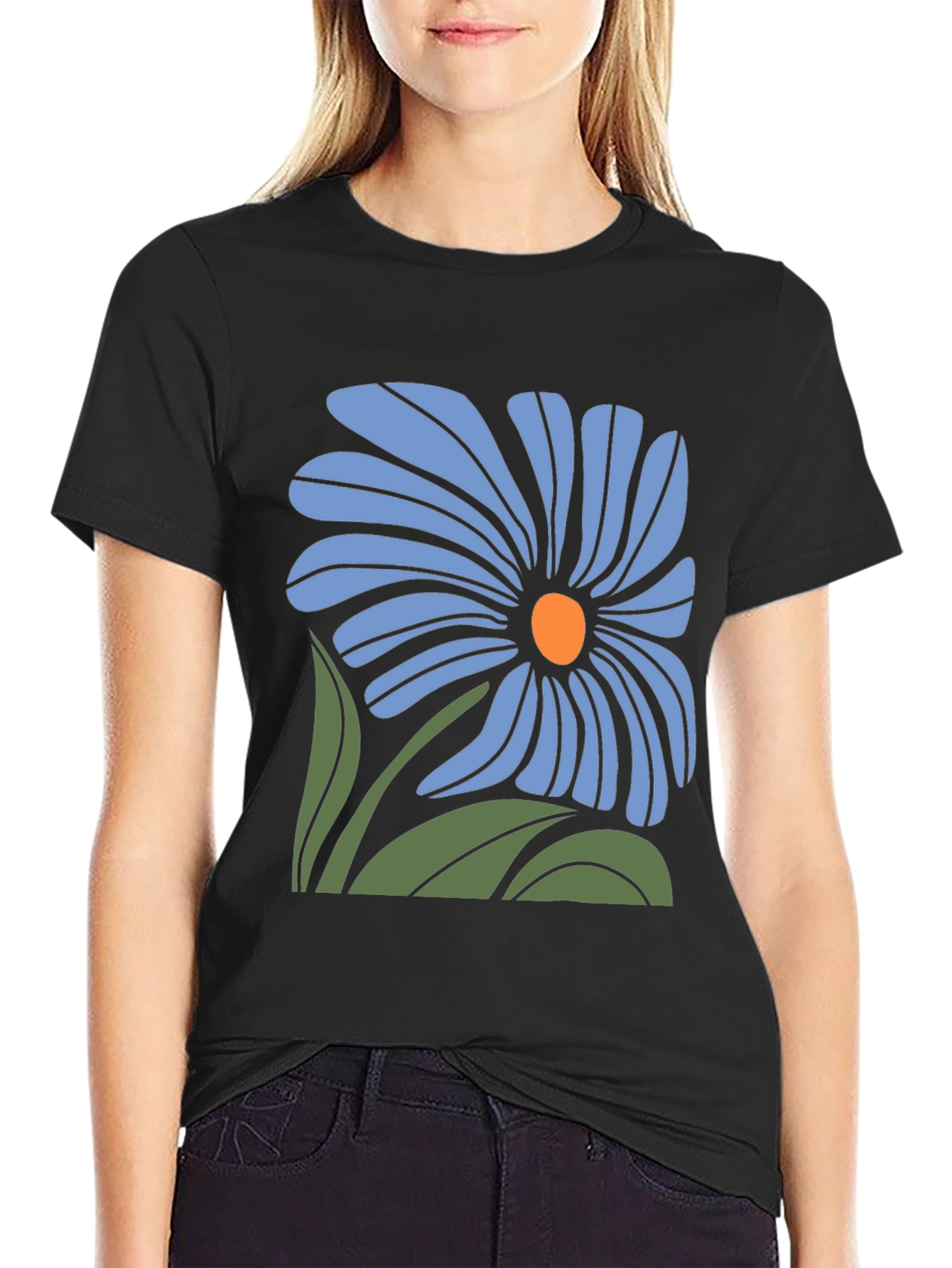 Blue Flower Graphic Black T-Shirt