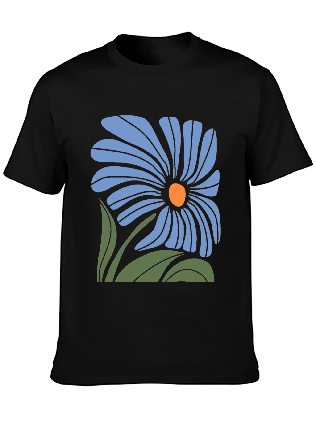Blue Flower Graphic Black T-Shirt