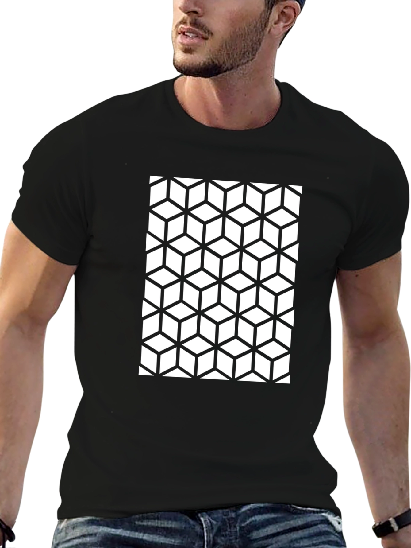 Geometric Cube Pattern Black T-Shirt