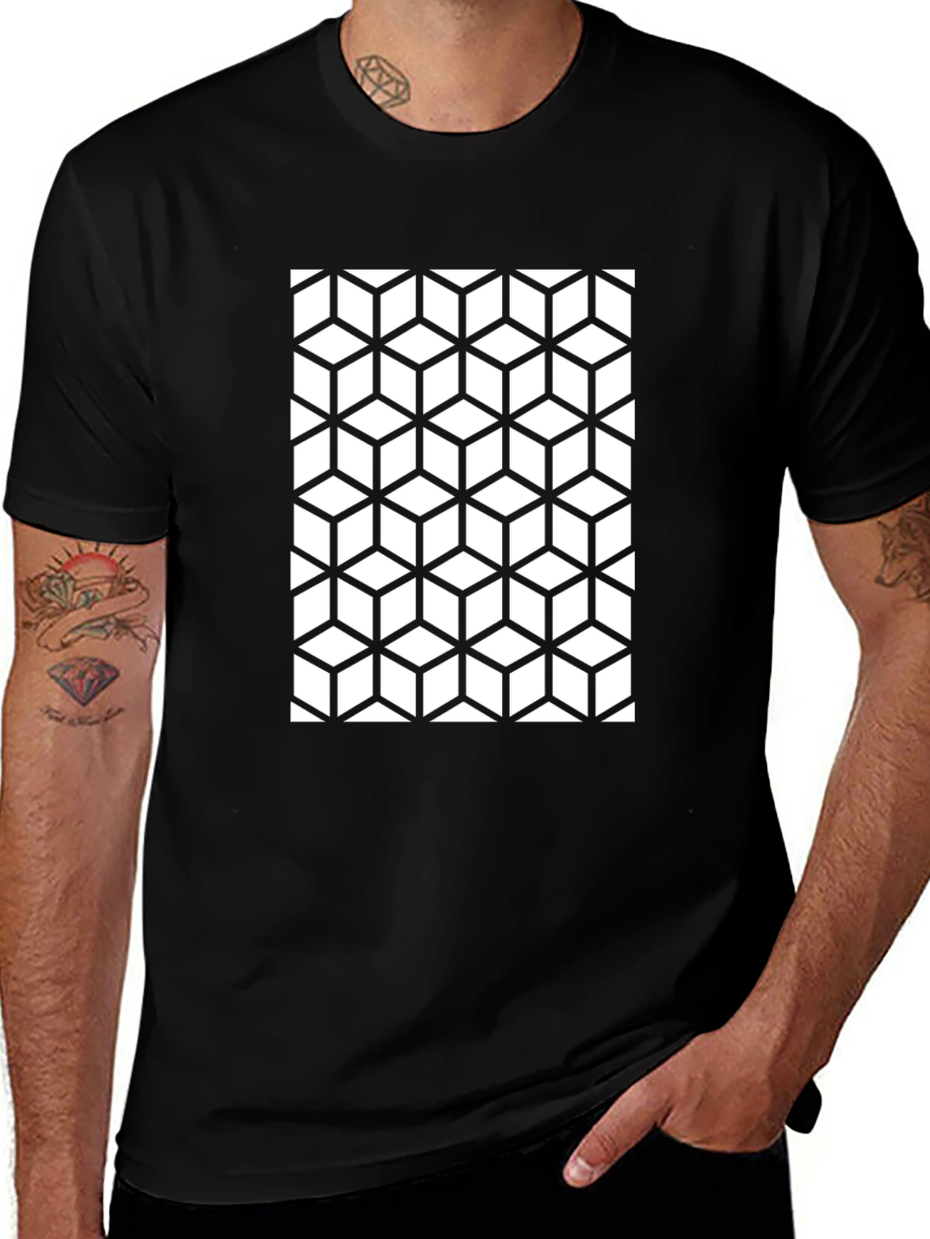 Geometric Cube Pattern Black T-Shirt