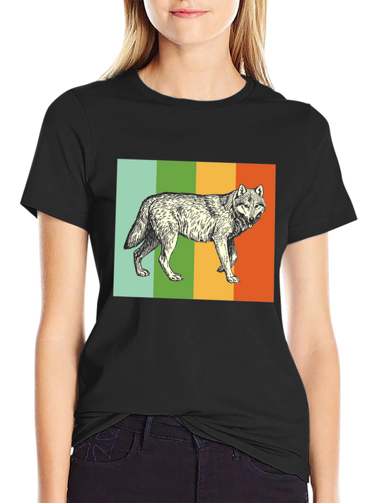 Retro Wolf Graphic Tee - Black Cotton Blend T-Shirt