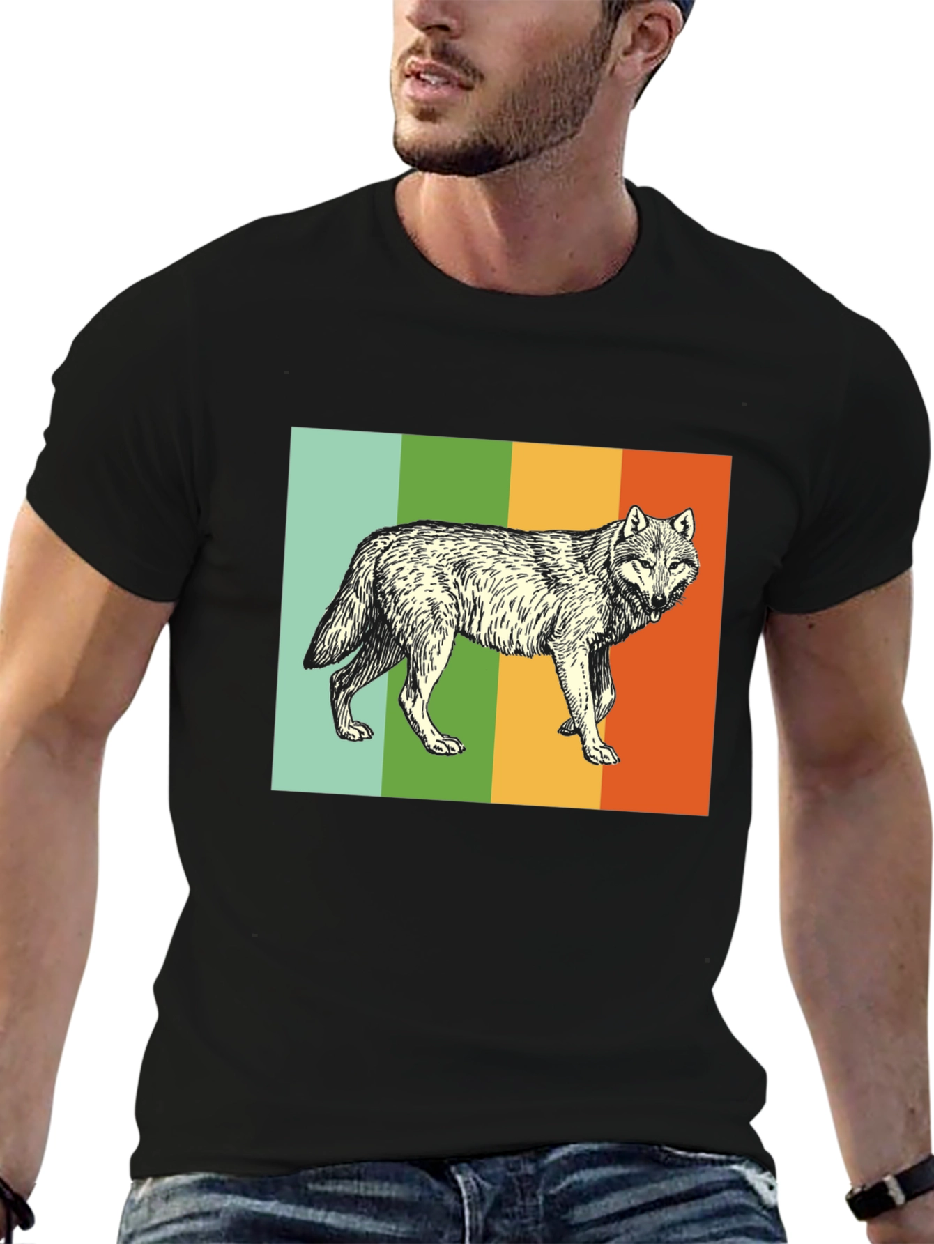 Retro Wolf Graphic Tee - Black Cotton Blend T-Shirt