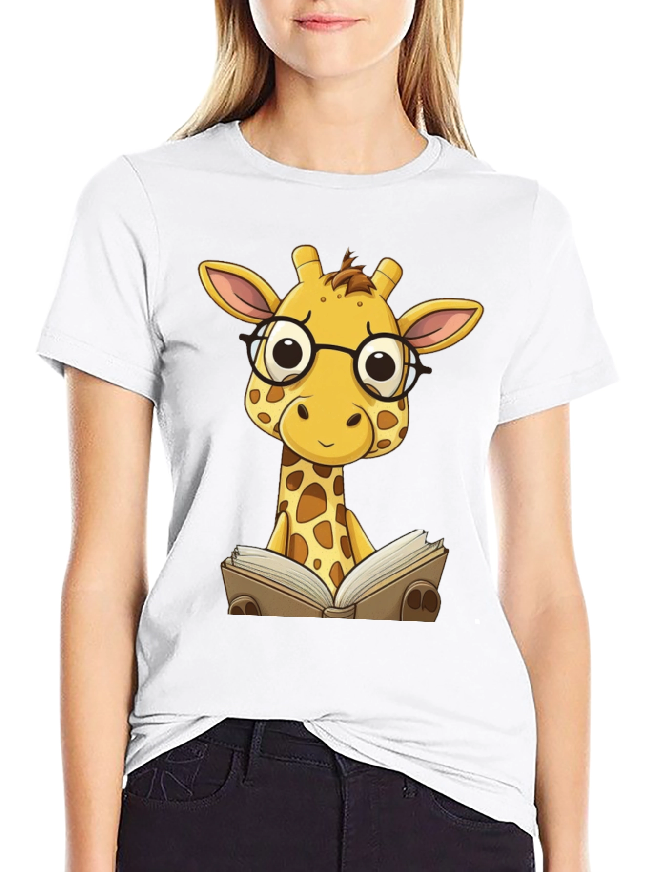 Giraffe Reading Black T-Shirt