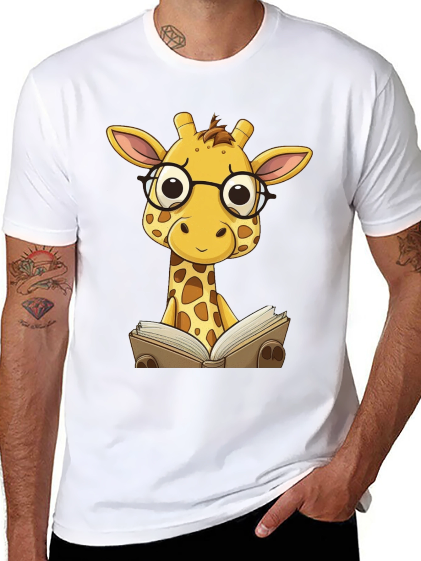 Giraffe Reading Black T-Shirt