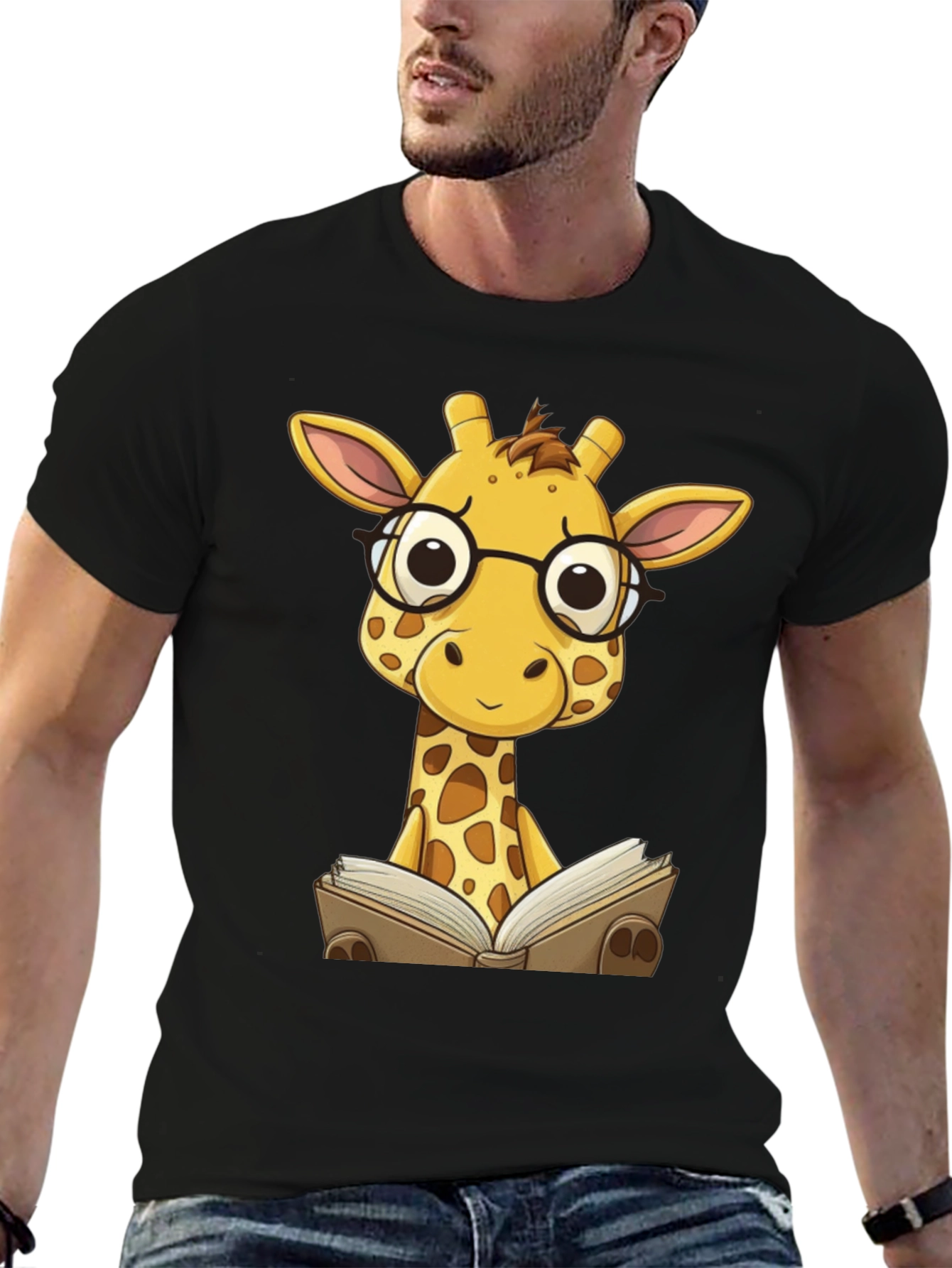 Giraffe Reading Black T-Shirt