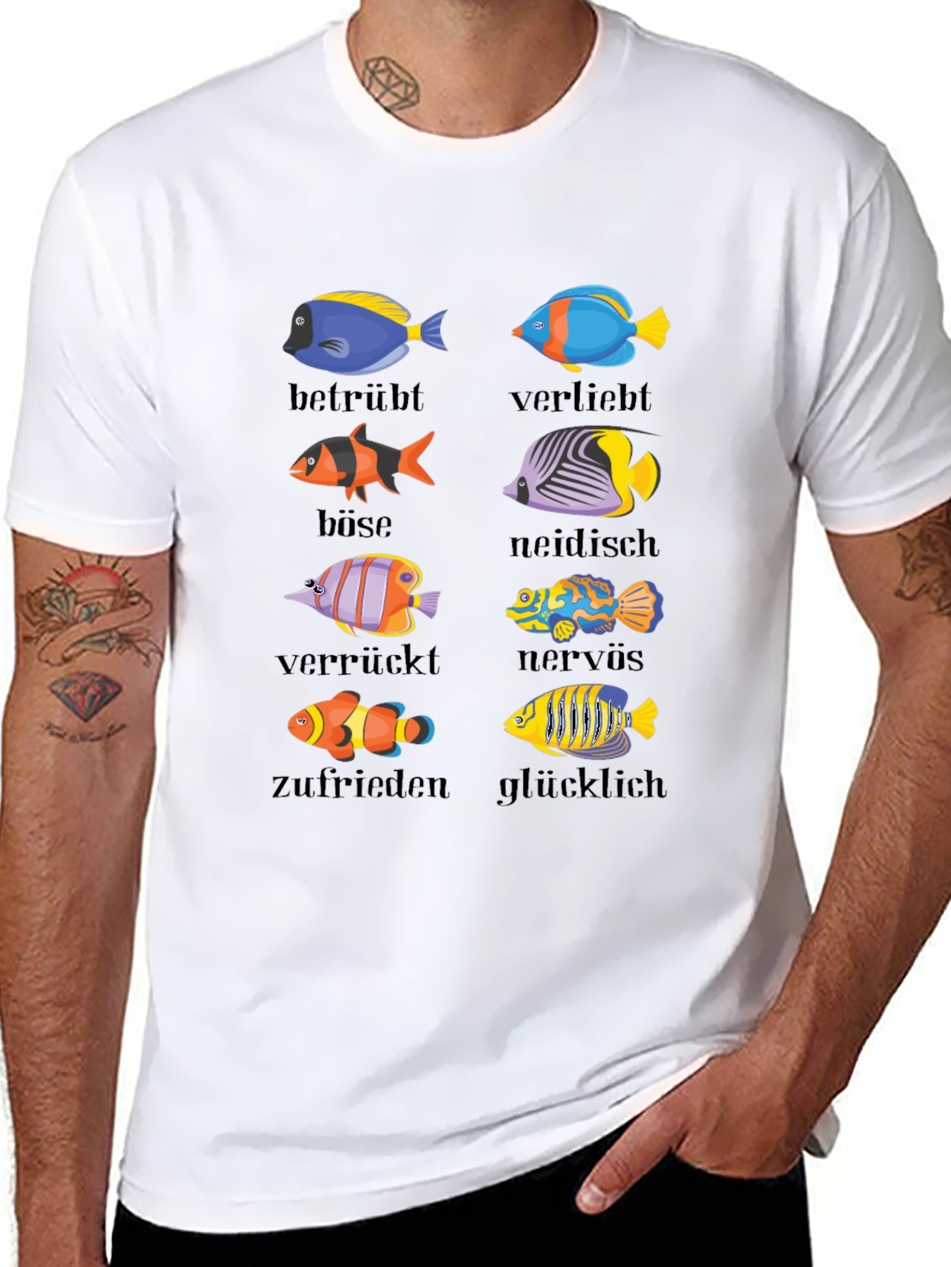 Humorous Emotion Fish Graphic T-Shirt - German Text