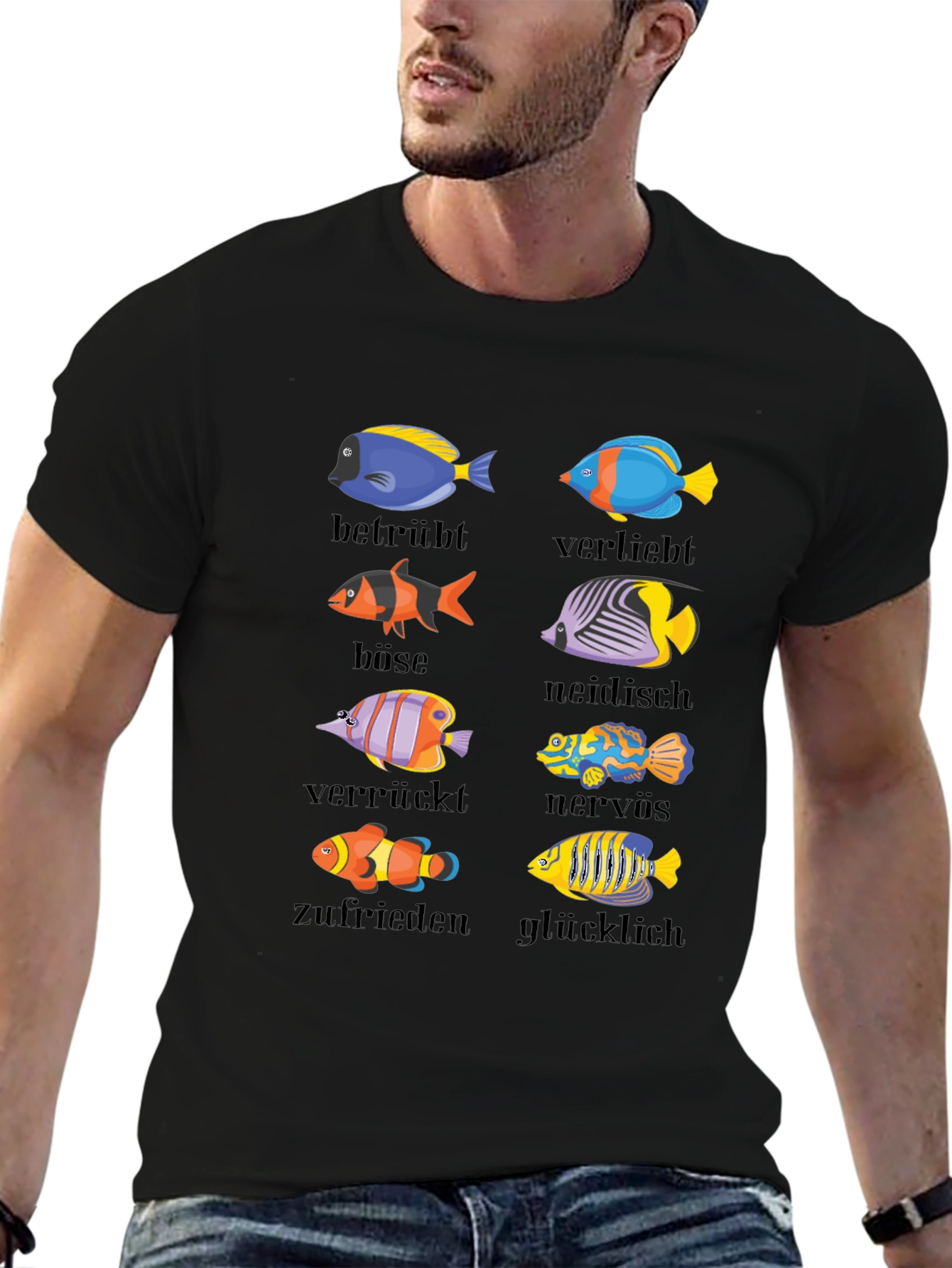Humorous Emotion Fish Graphic T-Shirt - German Text