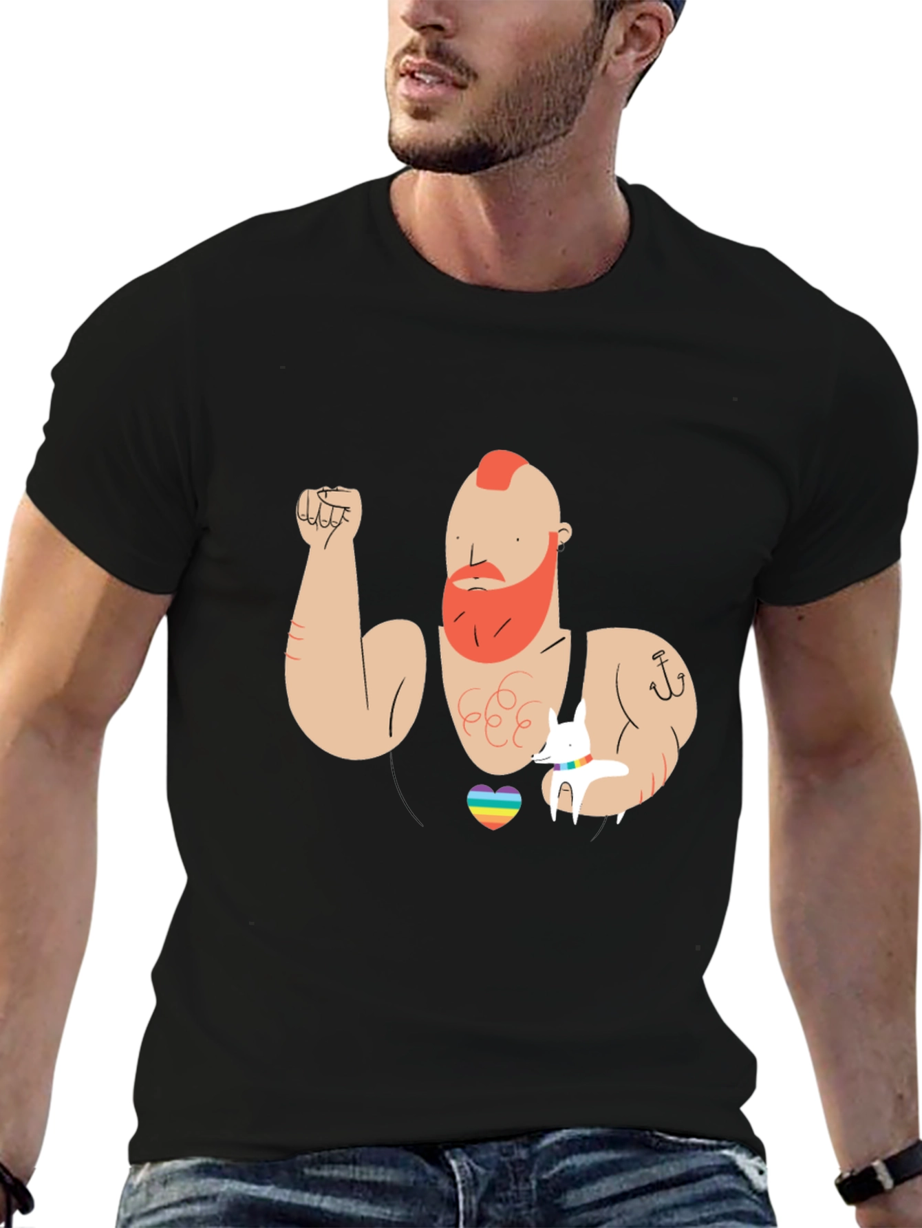 Rainbow Heart Muscle Man Graphic T-Shirt