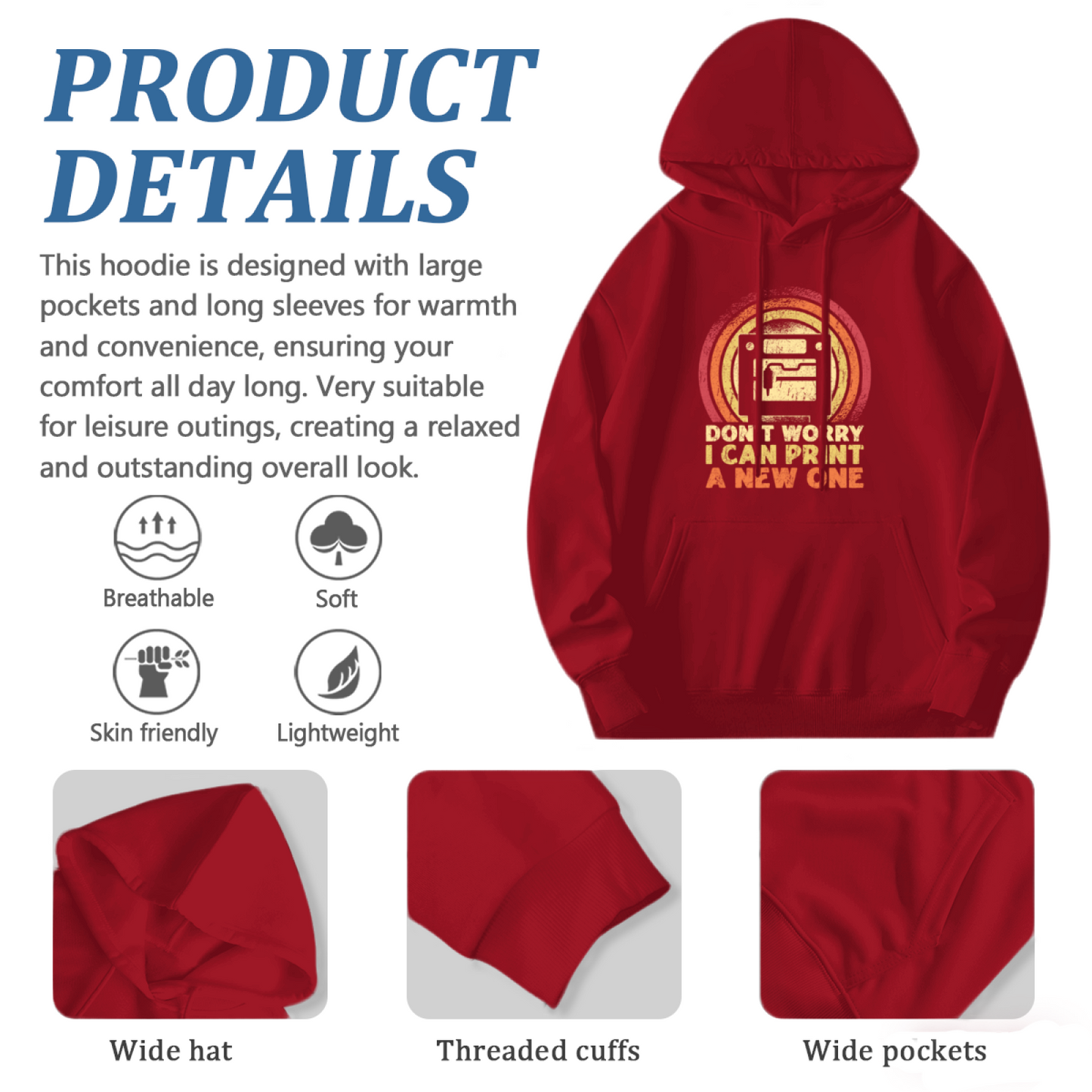 Retro 3D Printer Quote Red Hoodie, Men Vintage Plush Comfort Hooded Top