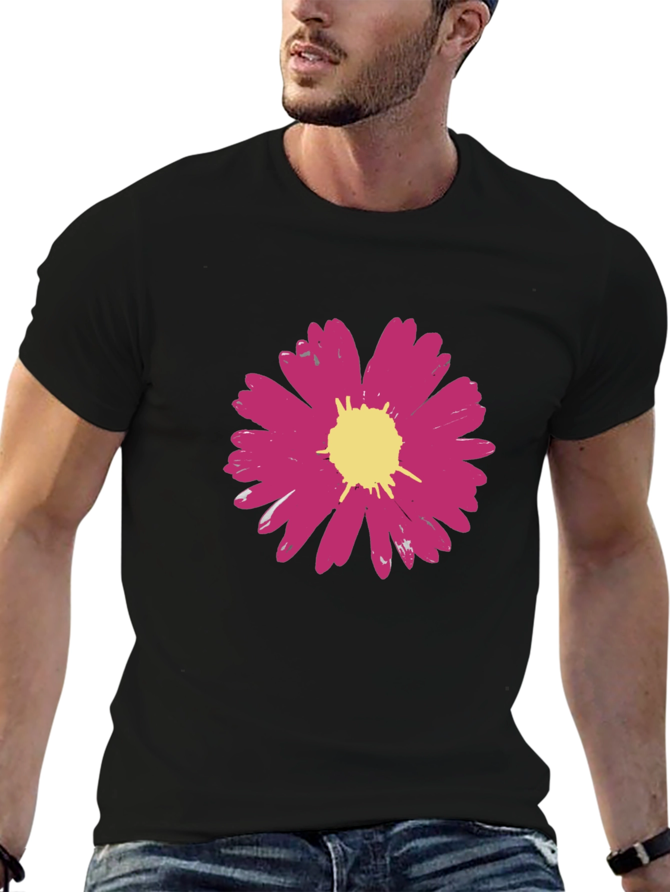 Pink Flower Graphic Black T-Shirt