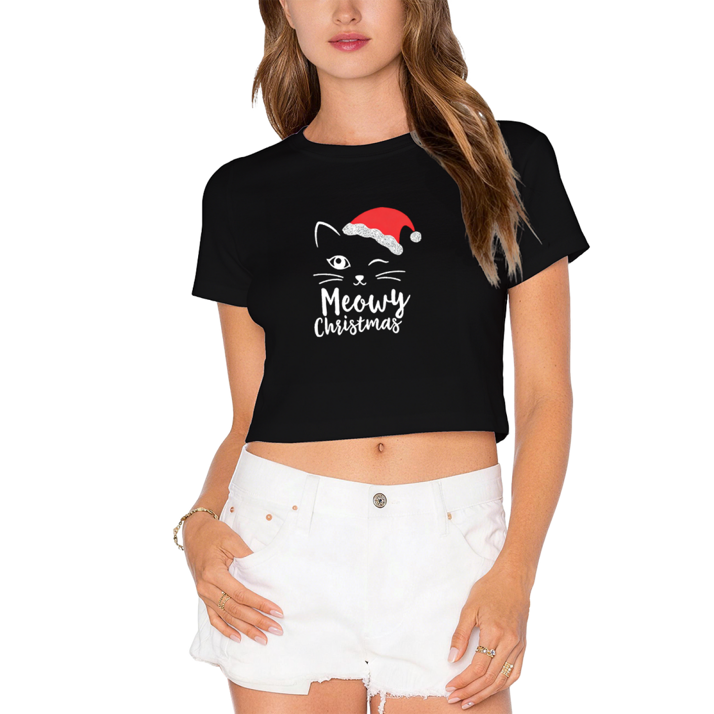 Meowy Christmas Cute Santa Black Cat X?mas Crop Top