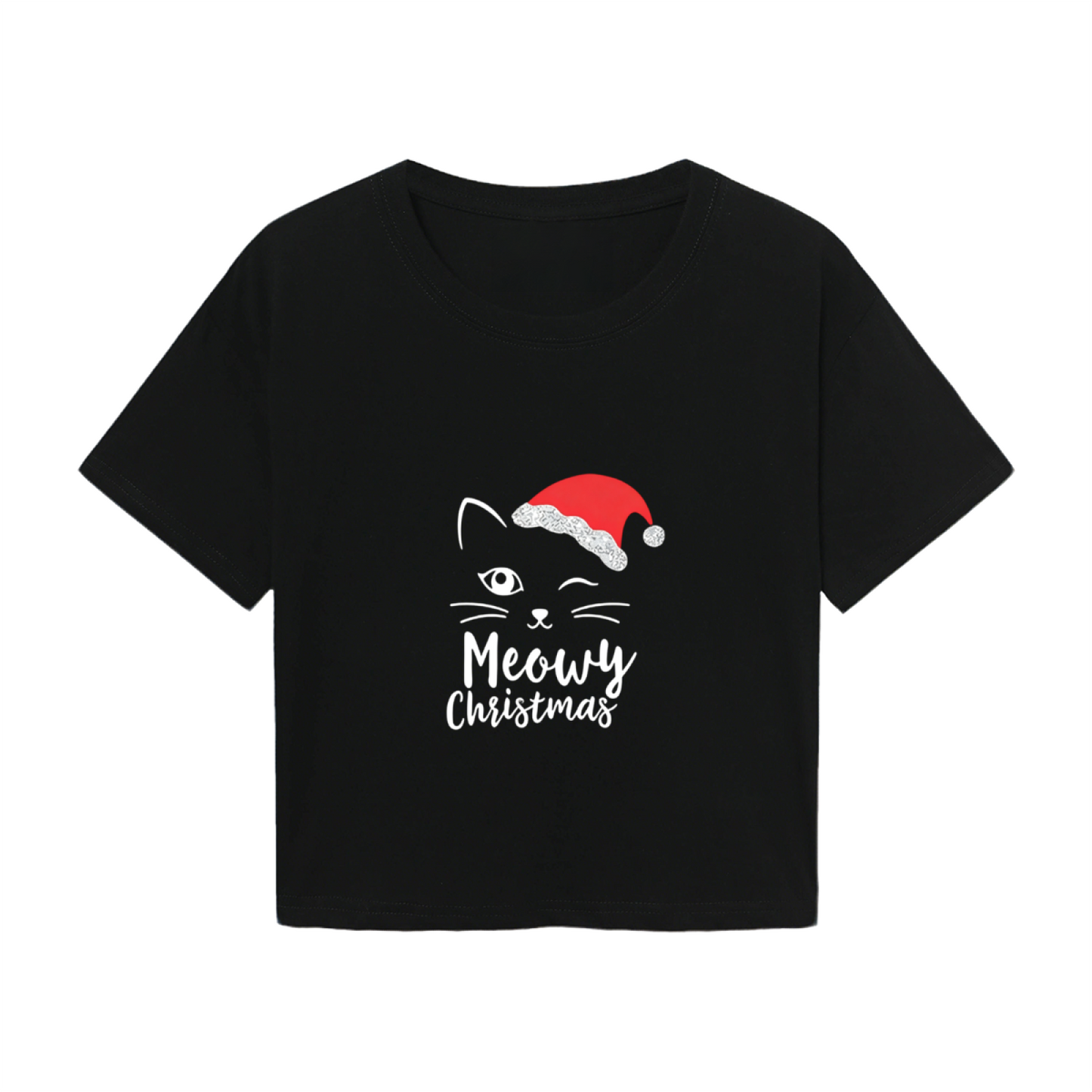 Meowy Christmas Cute Santa Black Cat X?mas Crop Top