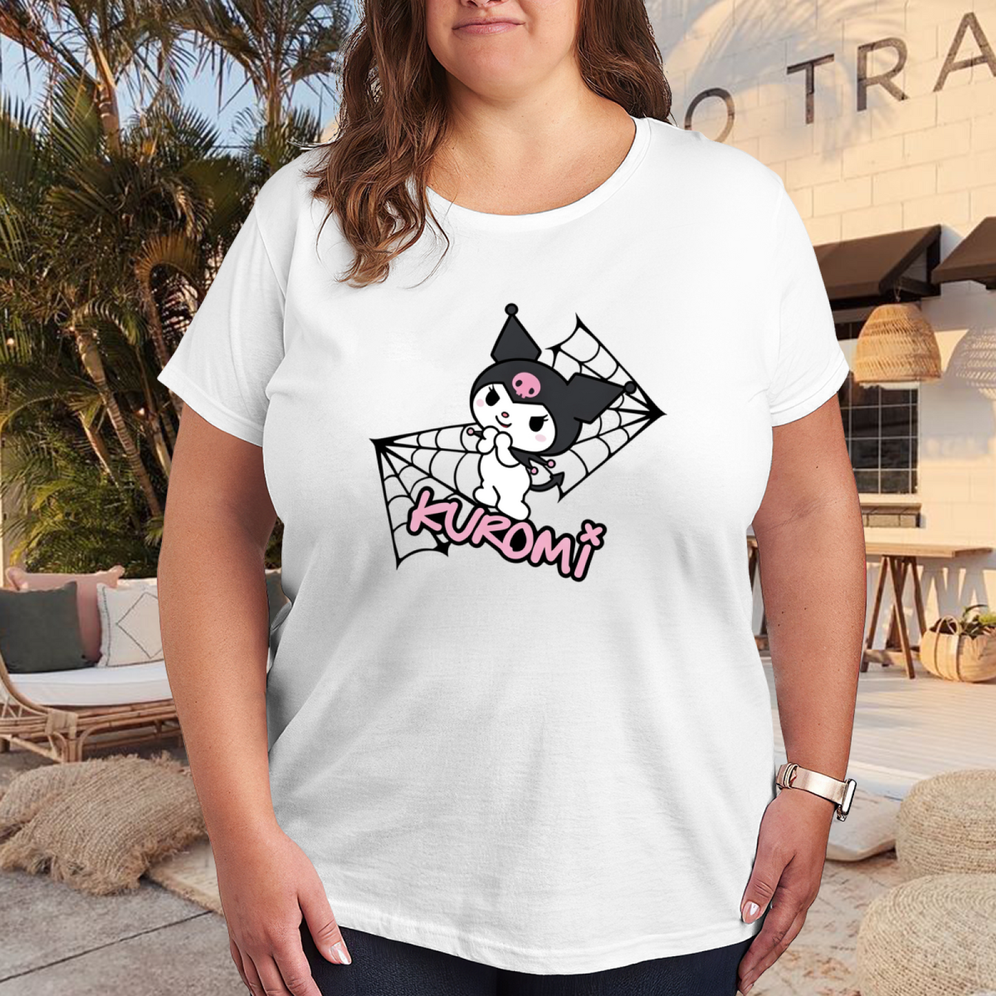 Plus Size Women Cool Kuromi Spider Web Cartoon Print Daily Tee