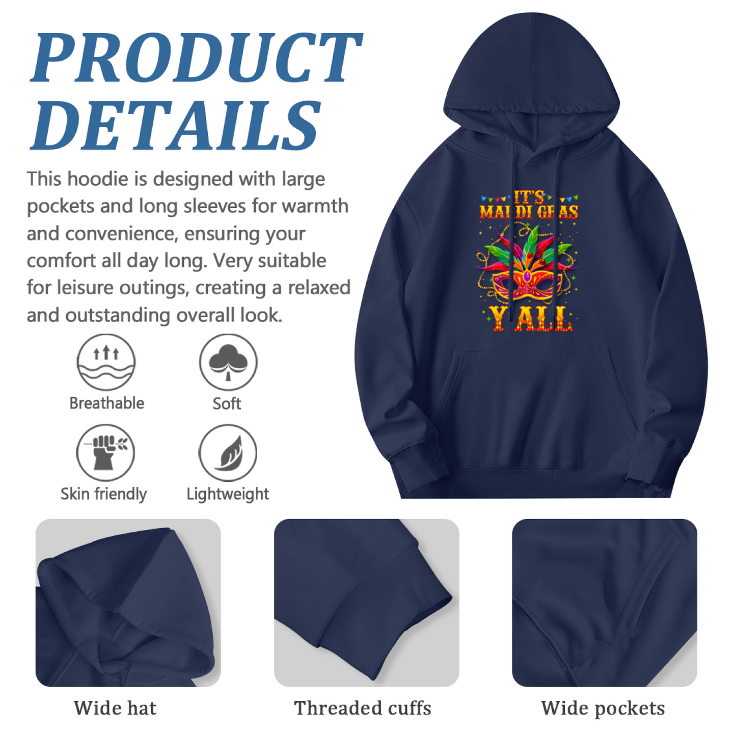 It¡¯s Mardi Gras Y¡¯all Carnival Mask Navy Hoodie, Festival Soft Party Pullover