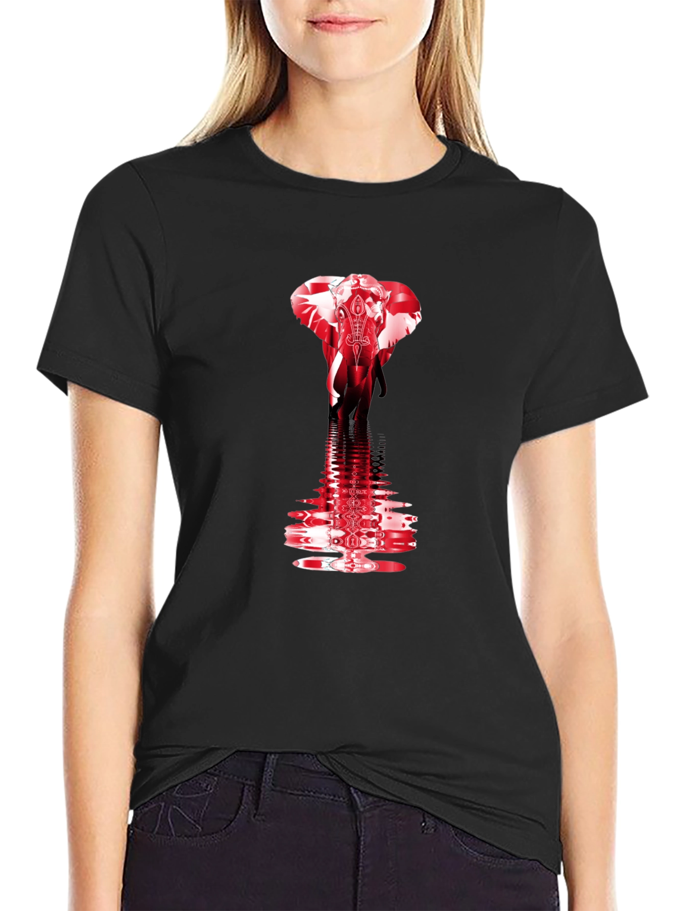 Red Elephant Graphic Print Black T-Shirt