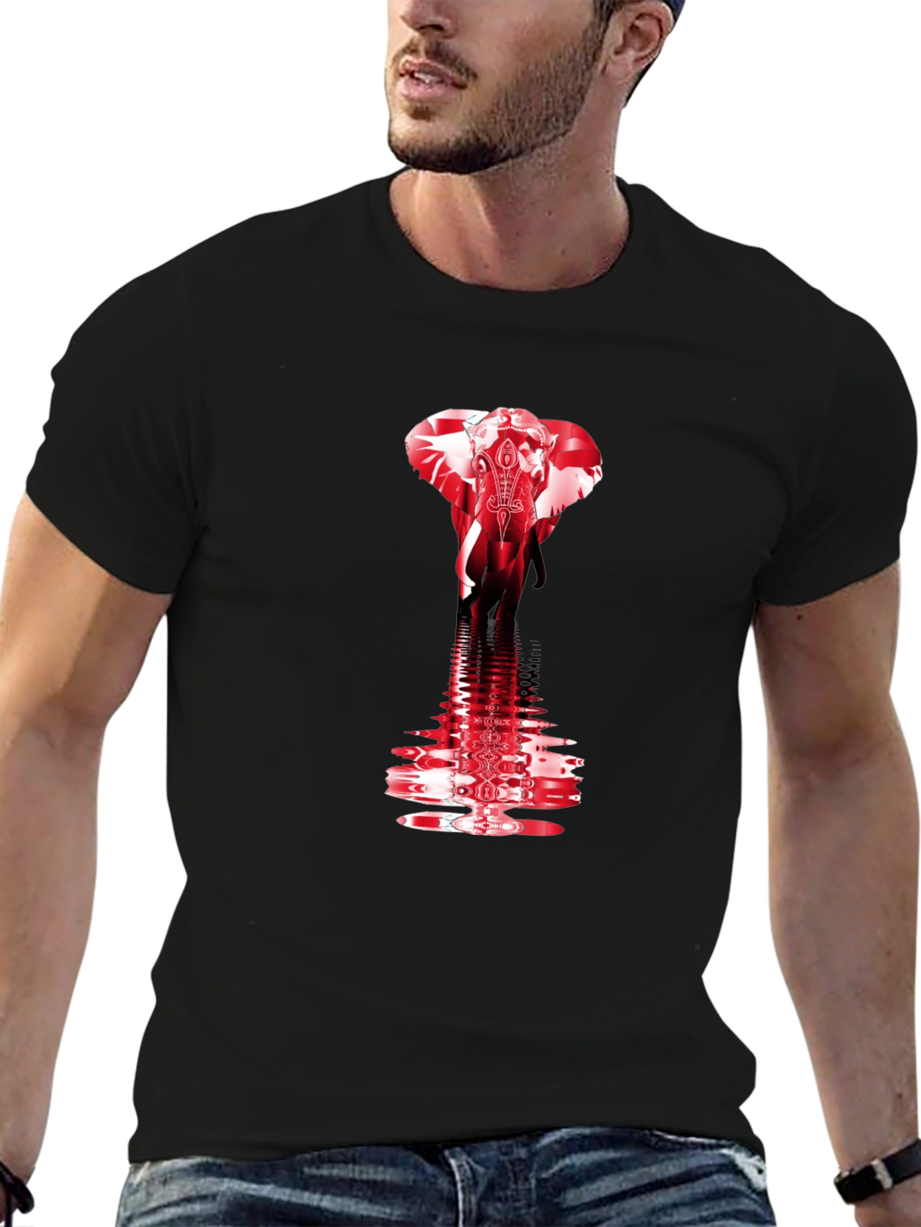 Red Elephant Graphic Print Black T-Shirt