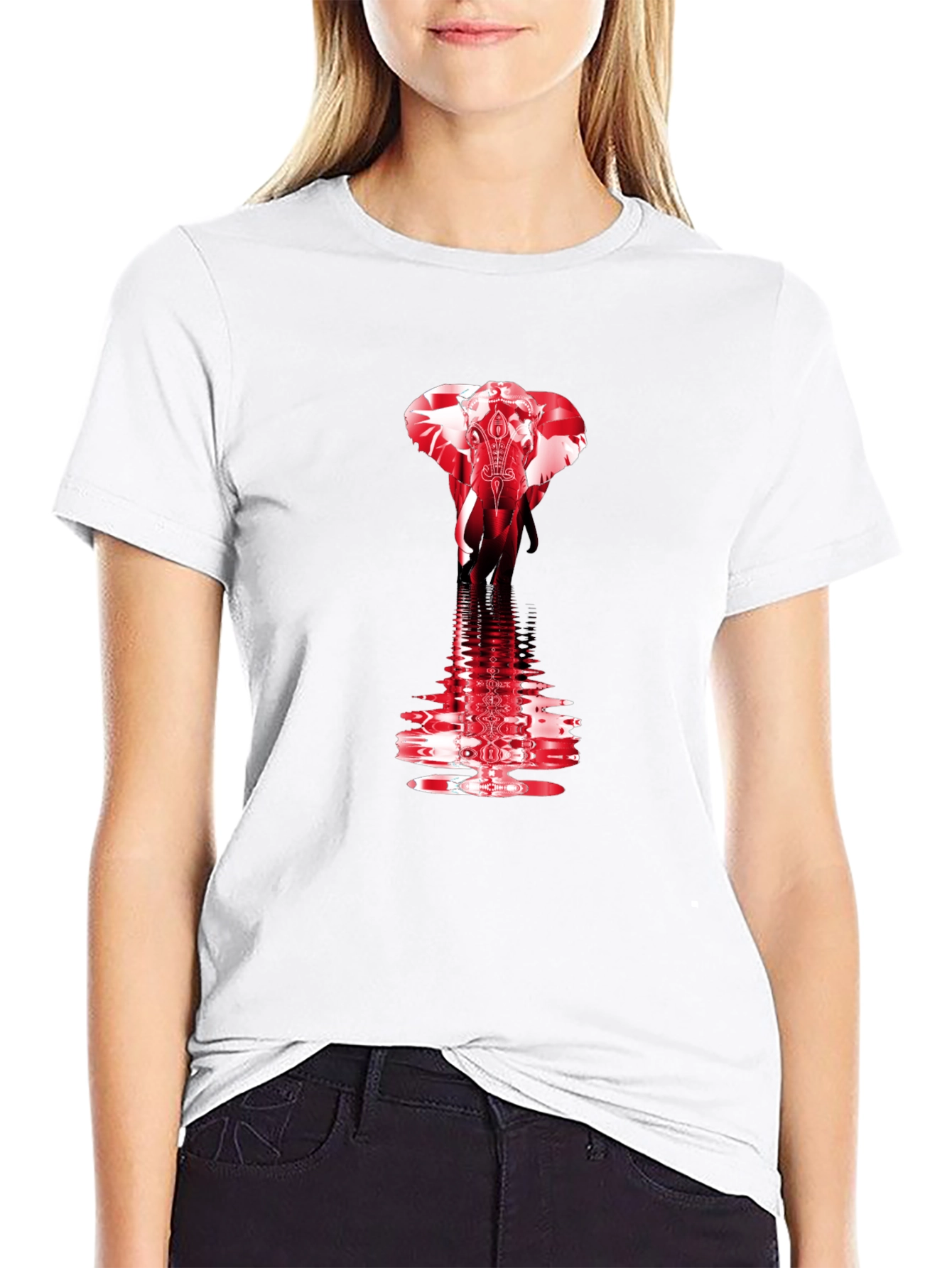 Red Elephant Graphic Print Black T-Shirt