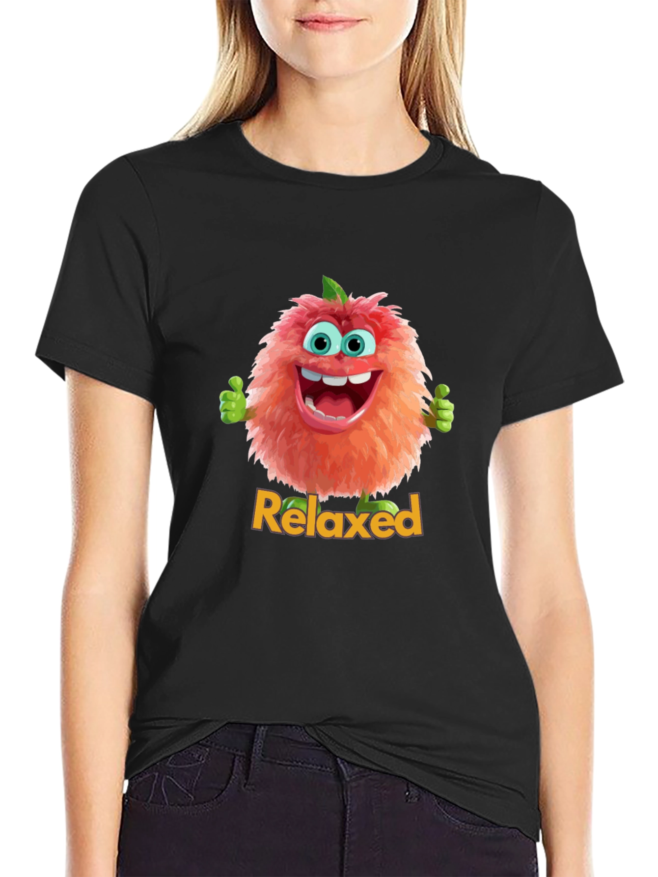 Relaxed Fuzzy Character Black T-Shirt