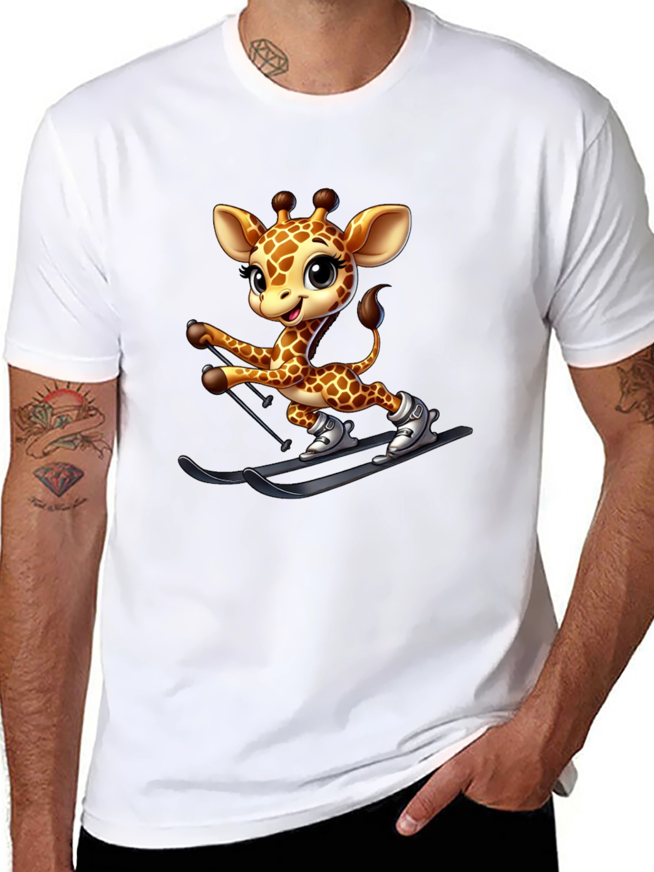 Skiing Giraffe Graphic Tee - Fun Novelty T-Shirt
