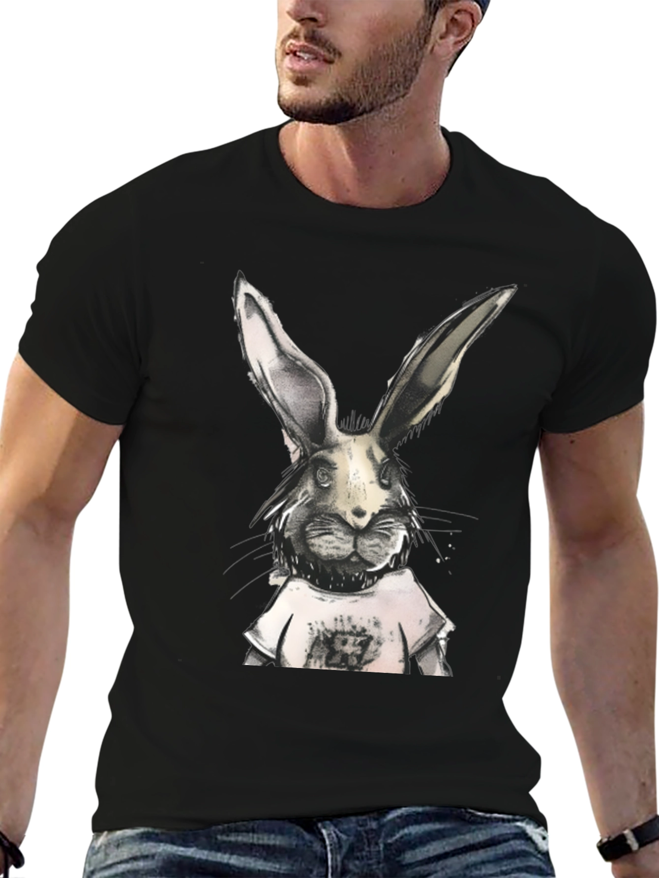 Rabbit Graphic Print Black T-Shirt