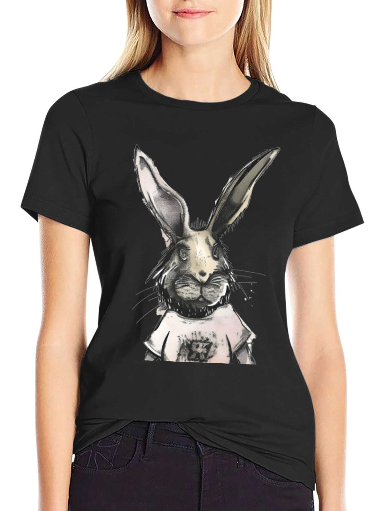 Rabbit Graphic Print Black T-Shirt