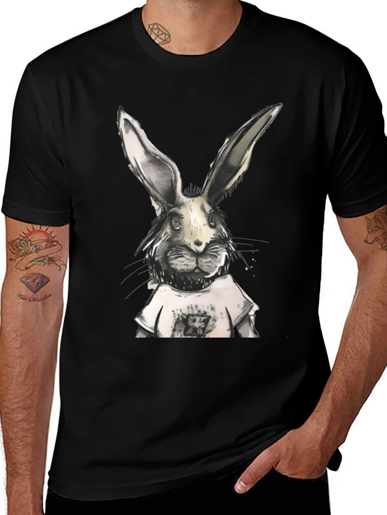 Rabbit Graphic Print Black T-Shirt