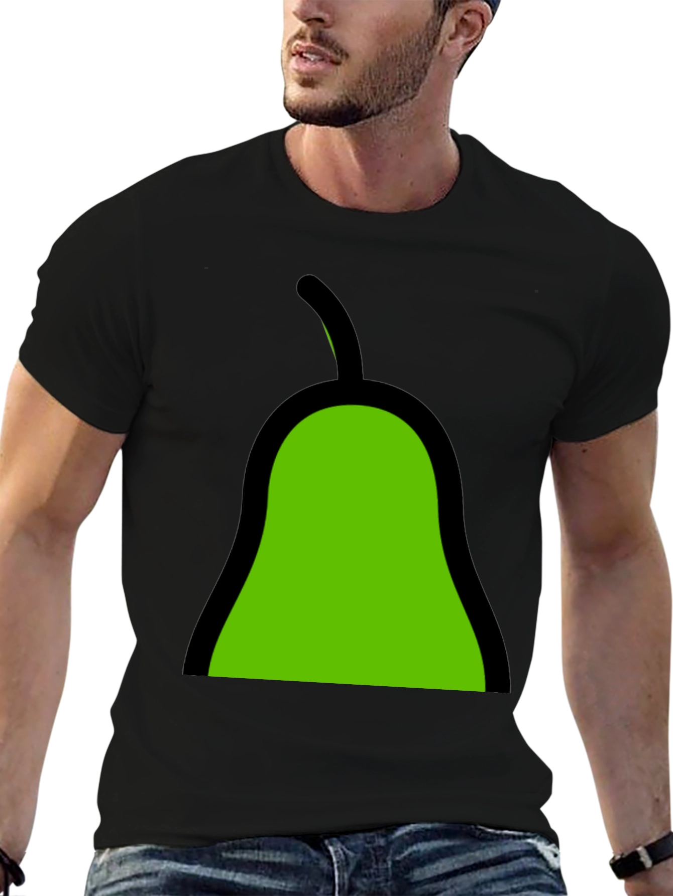 Green Pear Graphic Black Tee - Unique Fruit Design