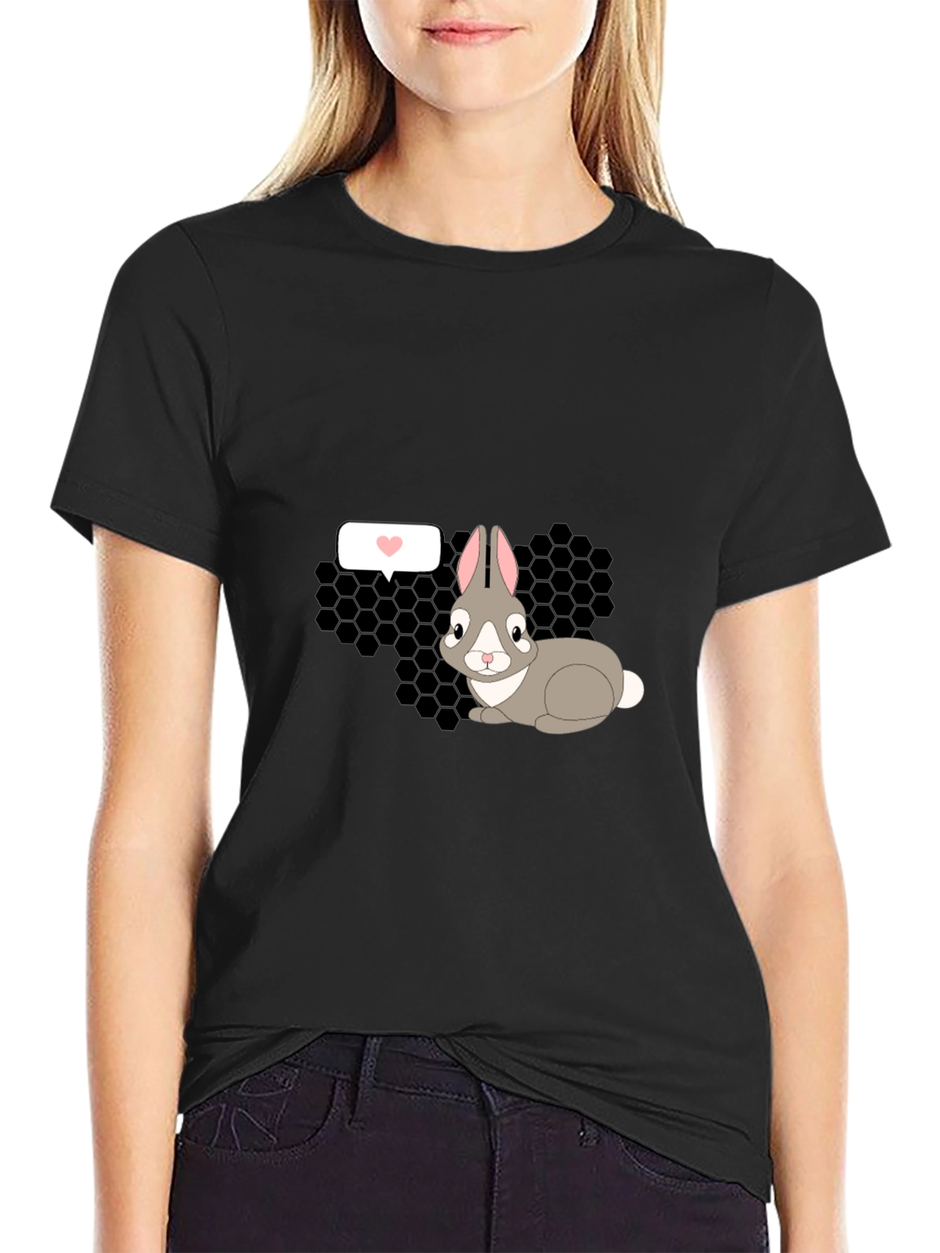 Cute Rabbit Graphic Tee - Black Casual T-Shirt