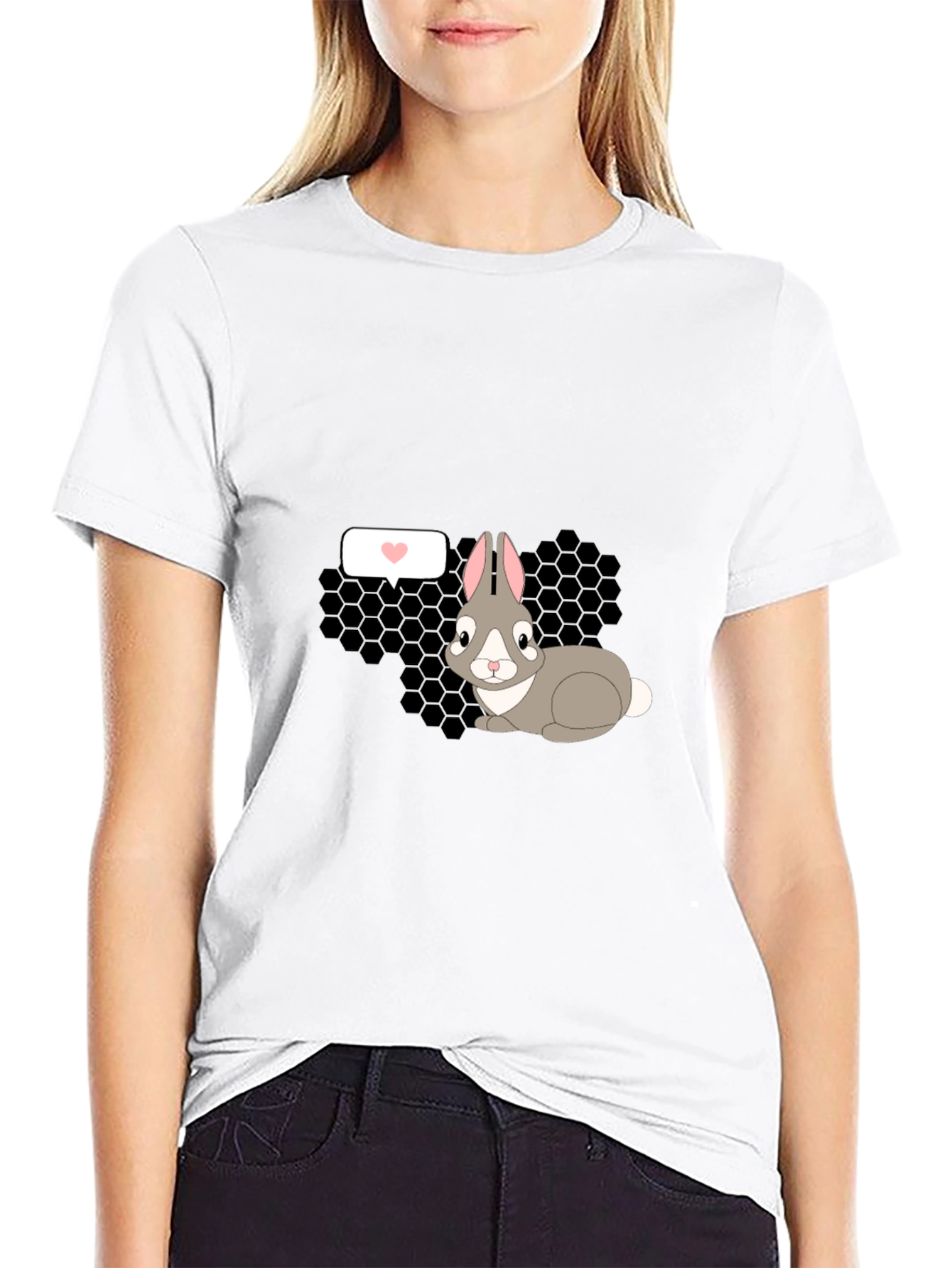 Cute Rabbit Graphic Tee - Black Casual T-Shirt
