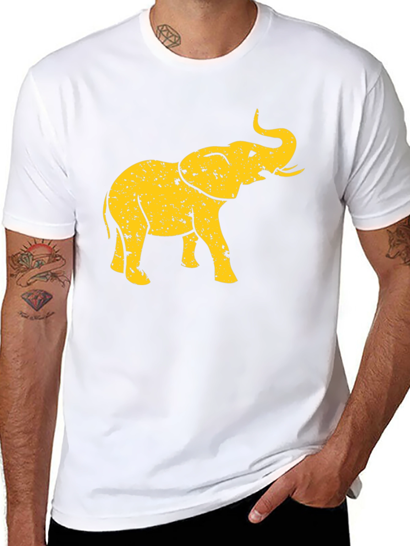 Black T-Shirt with Distressed Gold Elephant Graphic