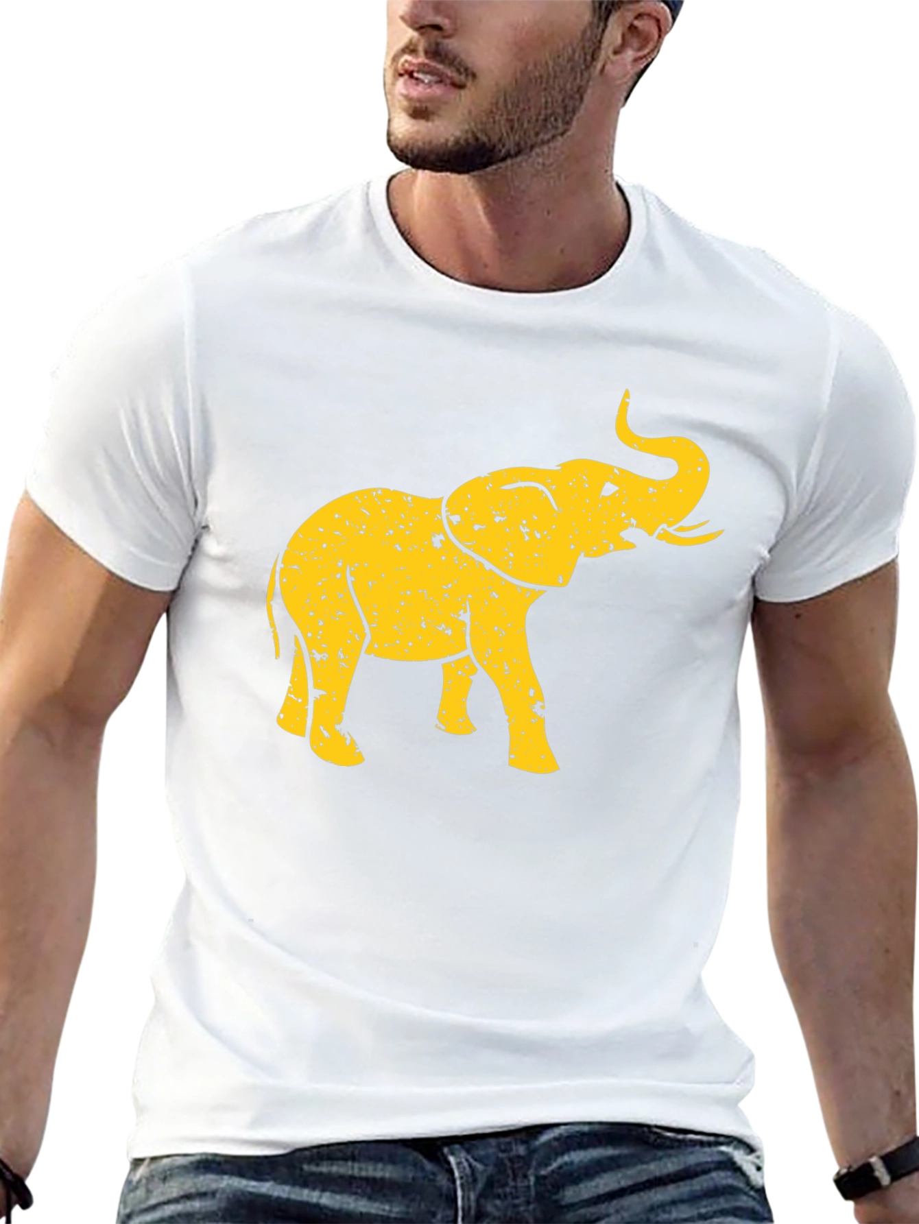 Black T-Shirt with Distressed Gold Elephant Graphic