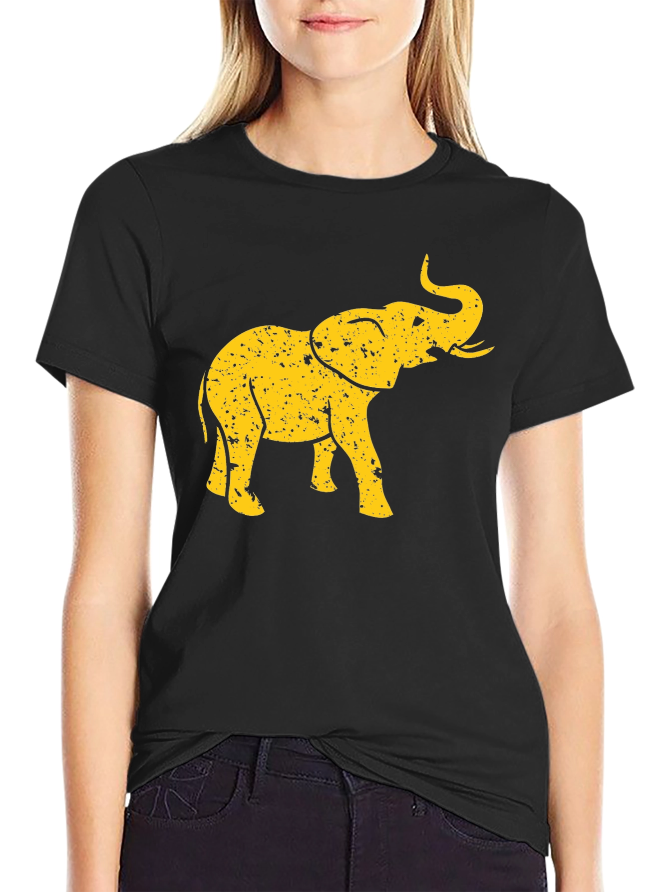 Black T-Shirt with Distressed Gold Elephant Graphic