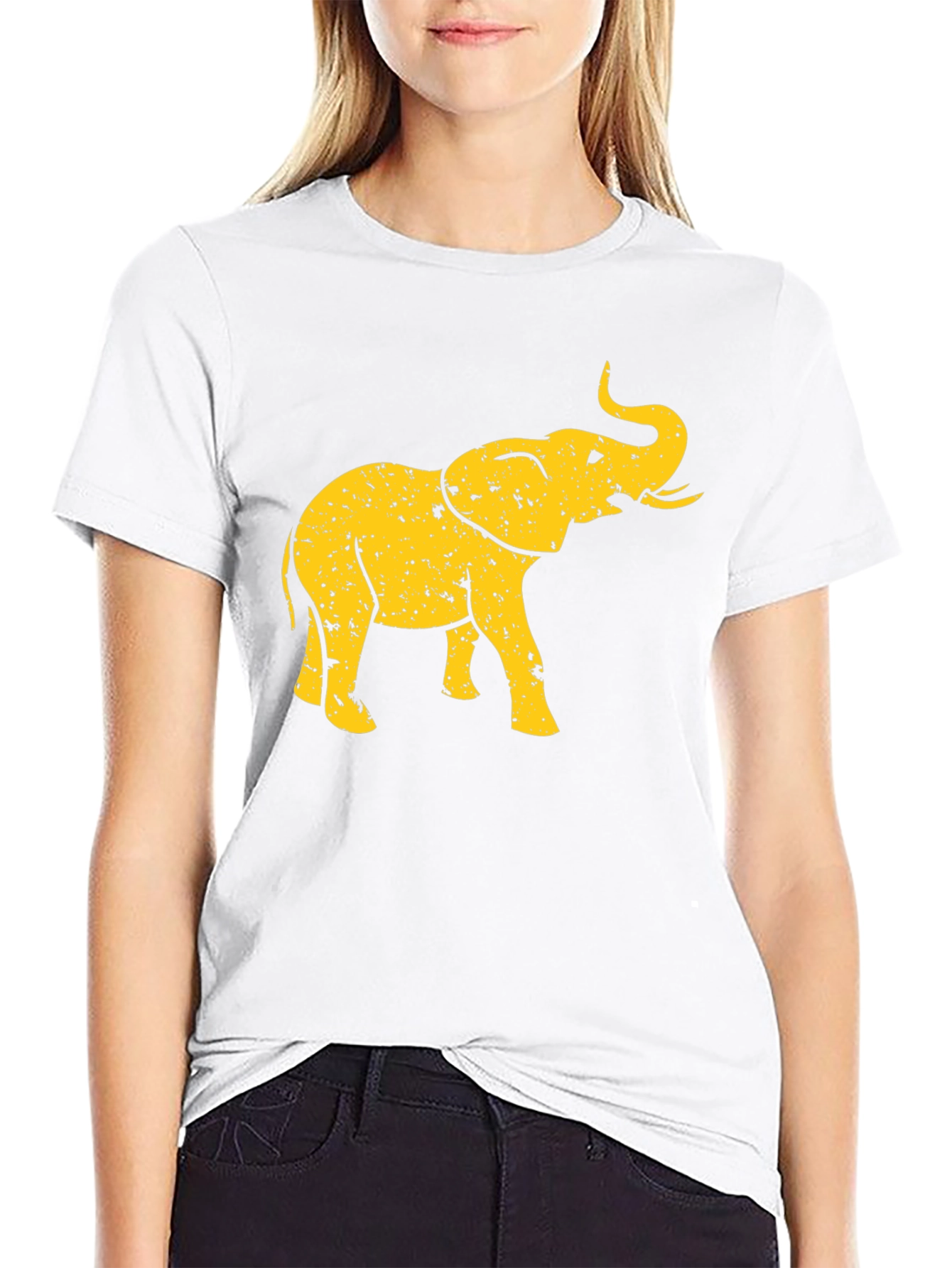 Black T-Shirt with Distressed Gold Elephant Graphic