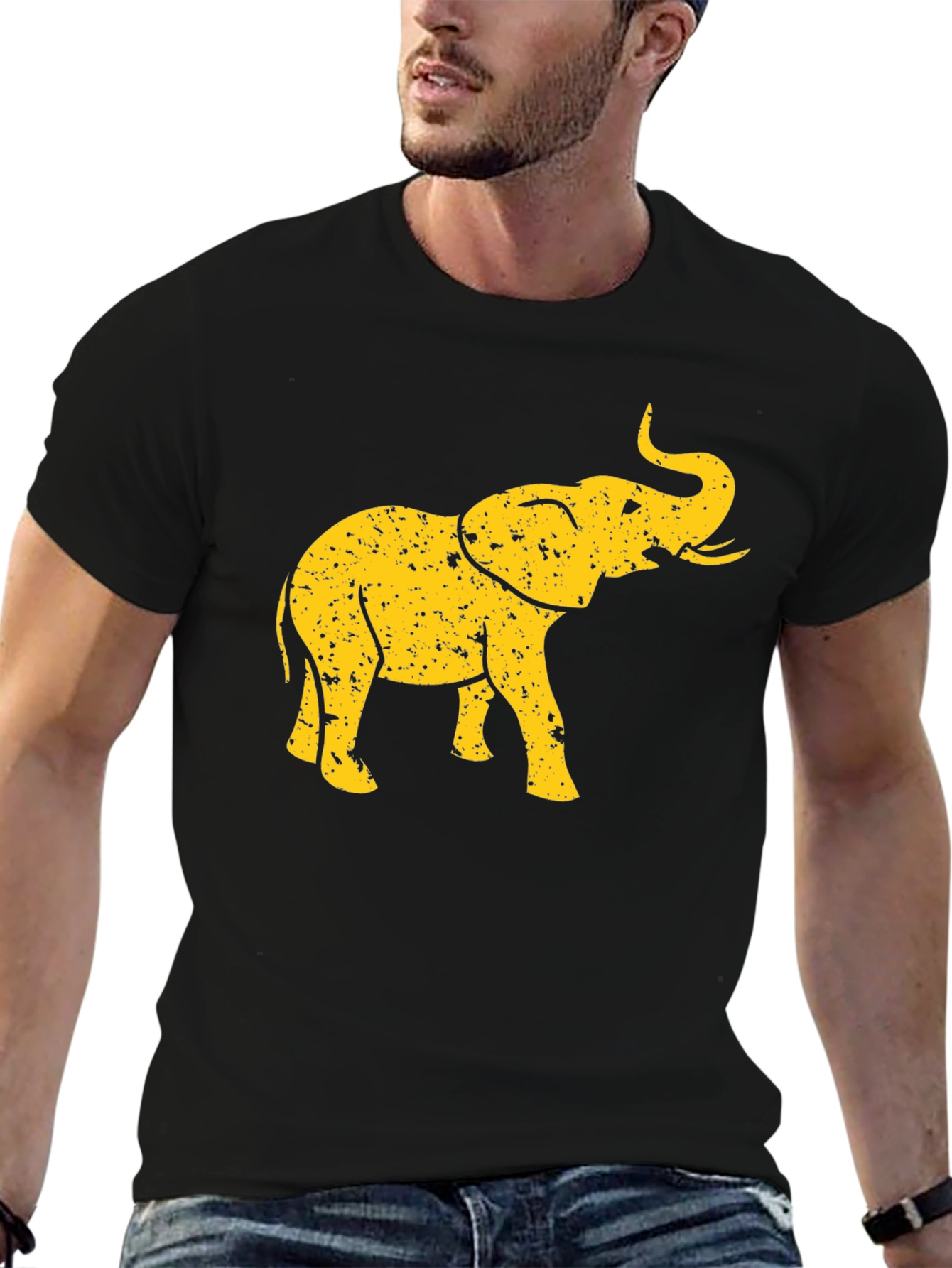 Black T-Shirt with Distressed Gold Elephant Graphic