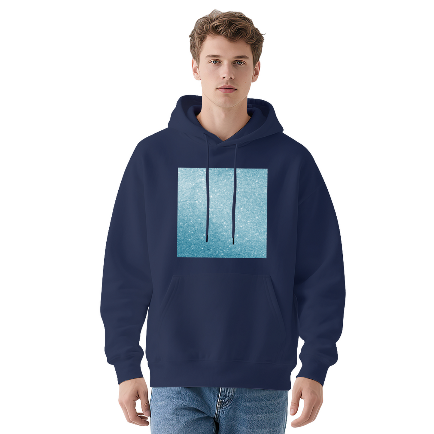 Blue Glitter Square Minimal White Hoodie, Light Comfort Simple Daily Hooded Top