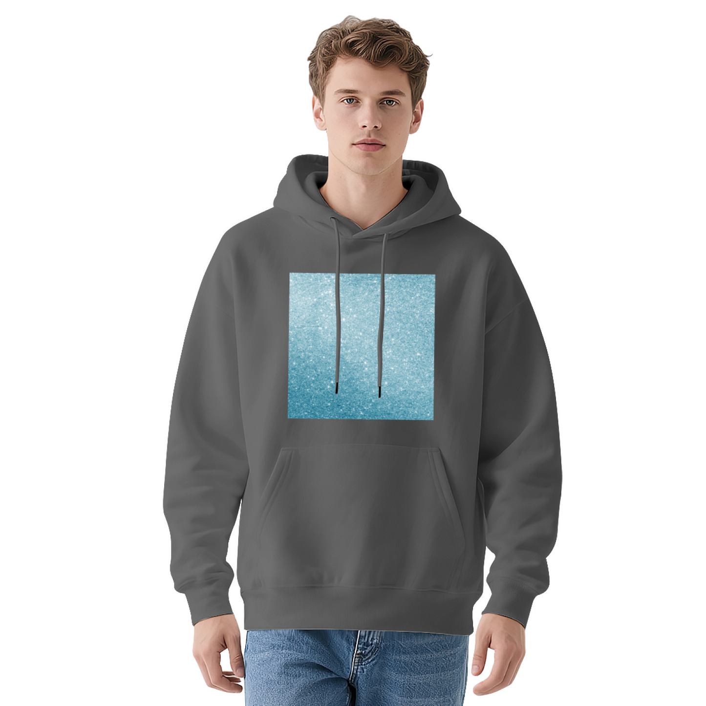 Blue Glitter Square Minimal White Hoodie, Light Comfort Simple Daily Hooded Top