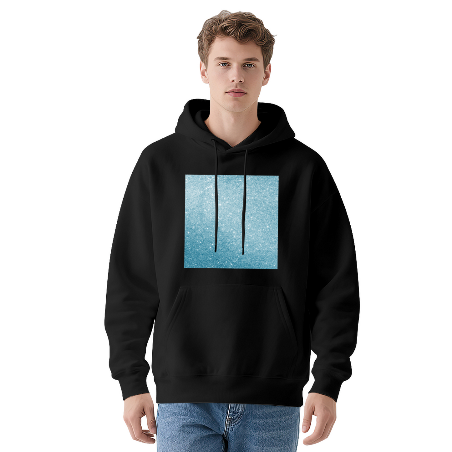 Blue Glitter Square Minimal White Hoodie, Light Comfort Simple Daily Hooded Top